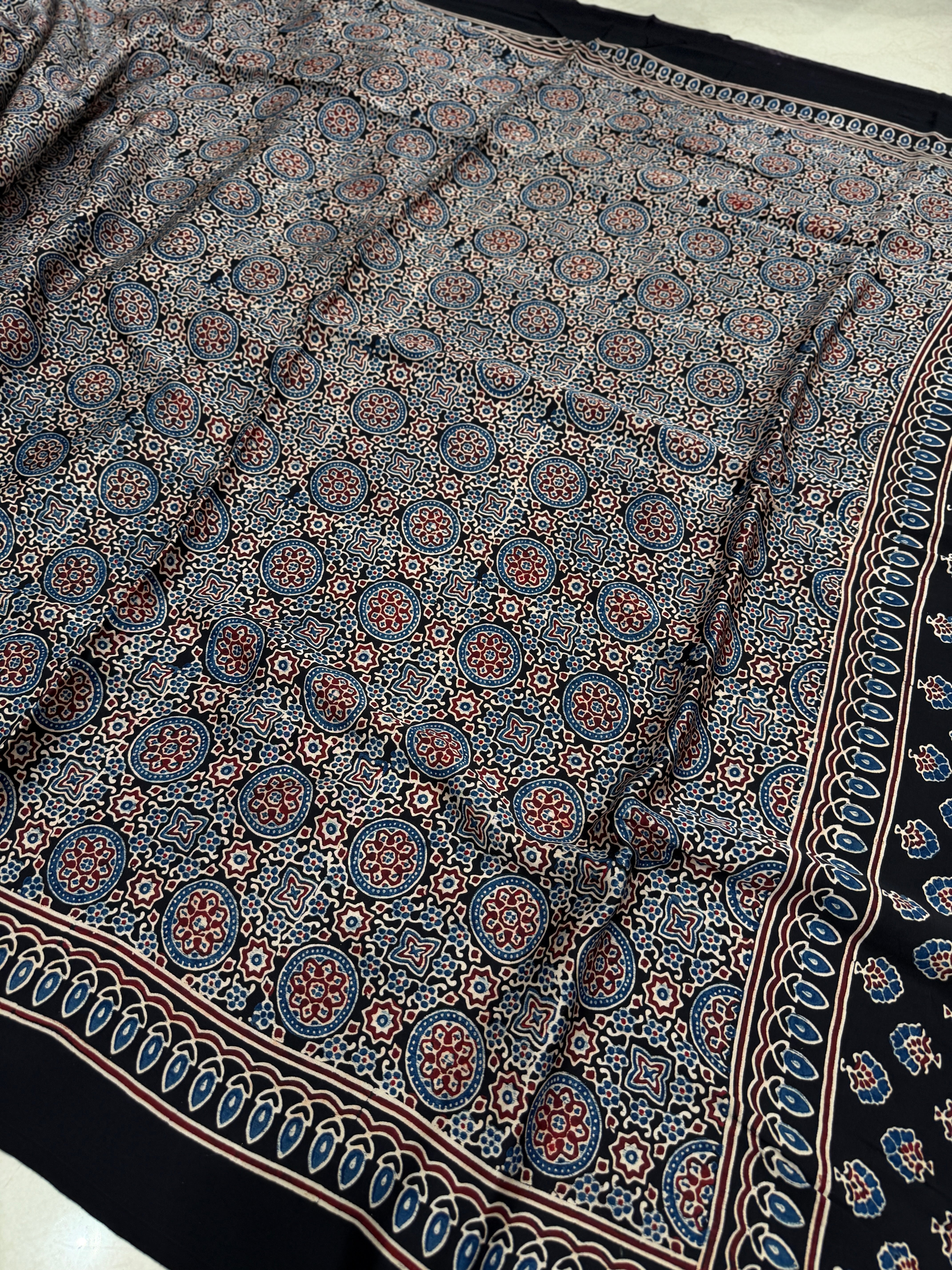 Black Star Chakri Ajrakh Hand Block Print Pure Modal Silk Saree