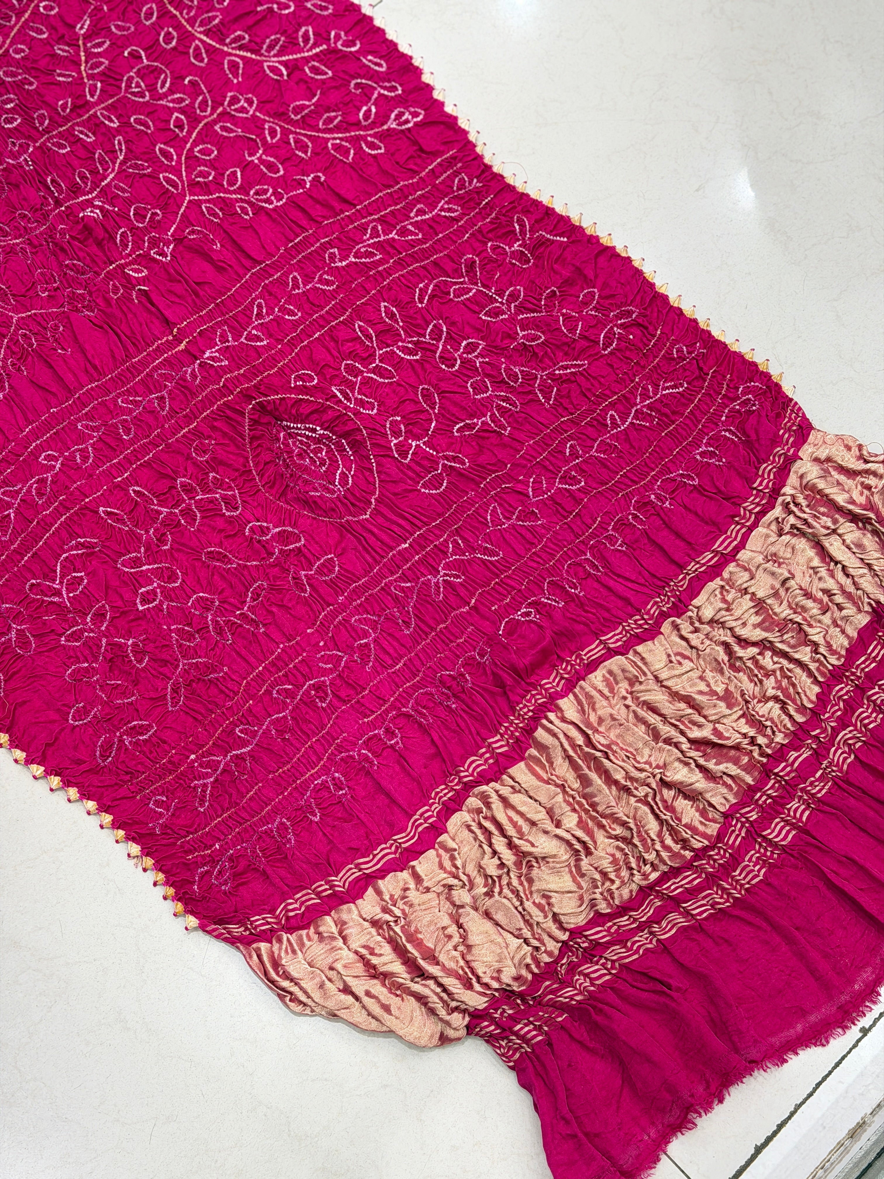 Rani Pink Gajji Silk Rai Bandhej Saree Jaal