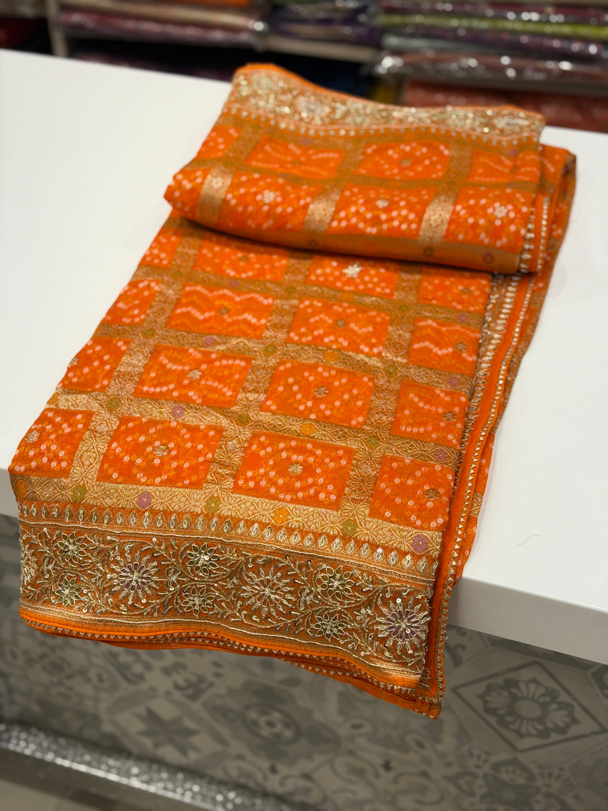 Orange Woven Bandhej Gharchola Hand Embroidery Zardosi Saree