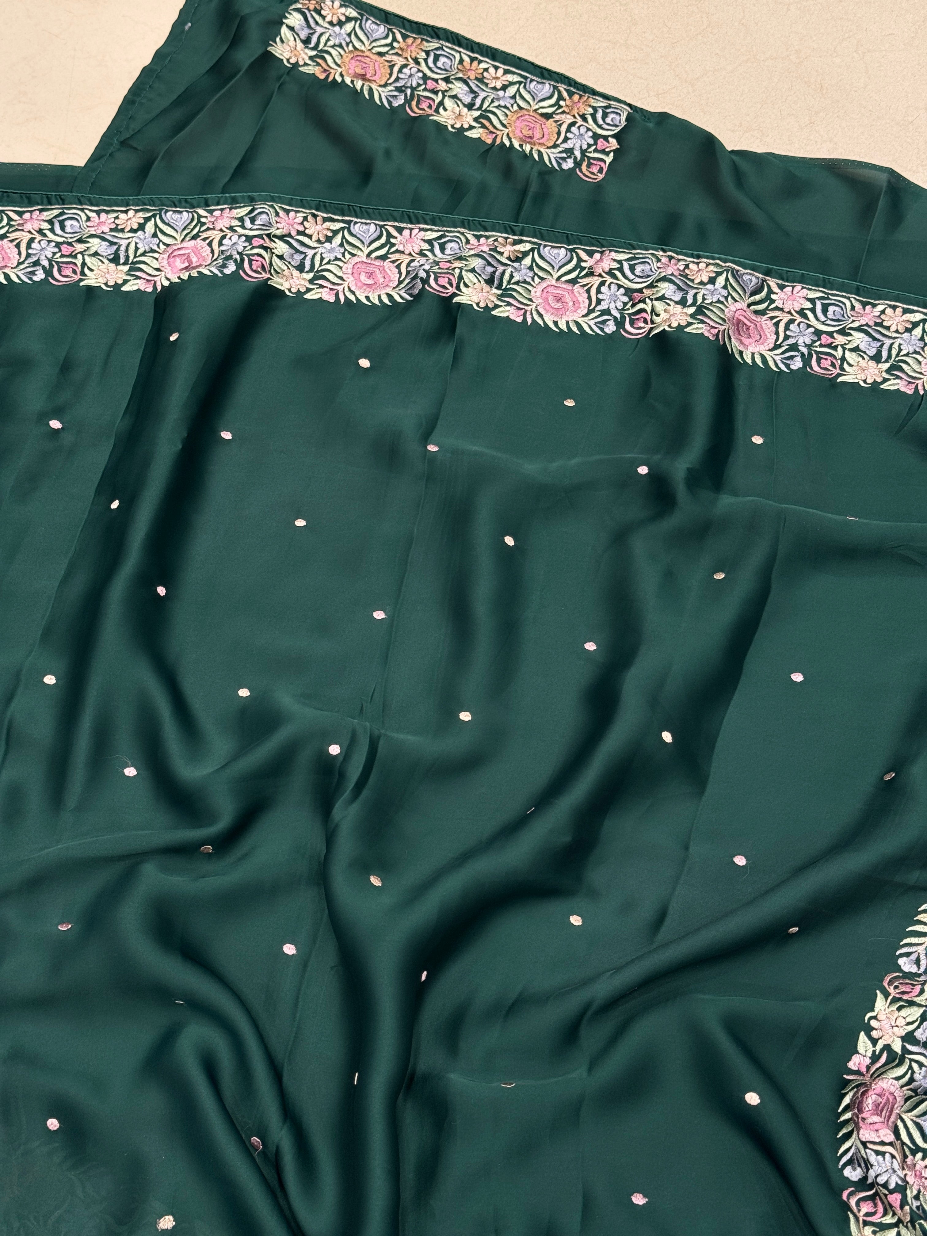 Bottle Green Satin Parsi Gara Saree