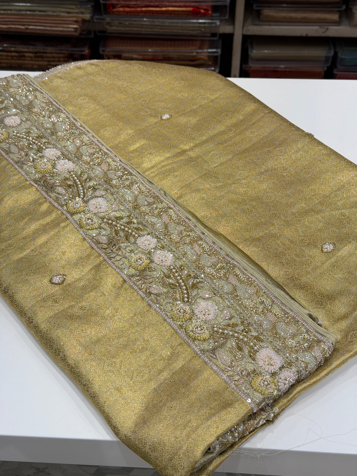 Golden Kanjivaram Moti Zardosi Hand Embroidery Saree