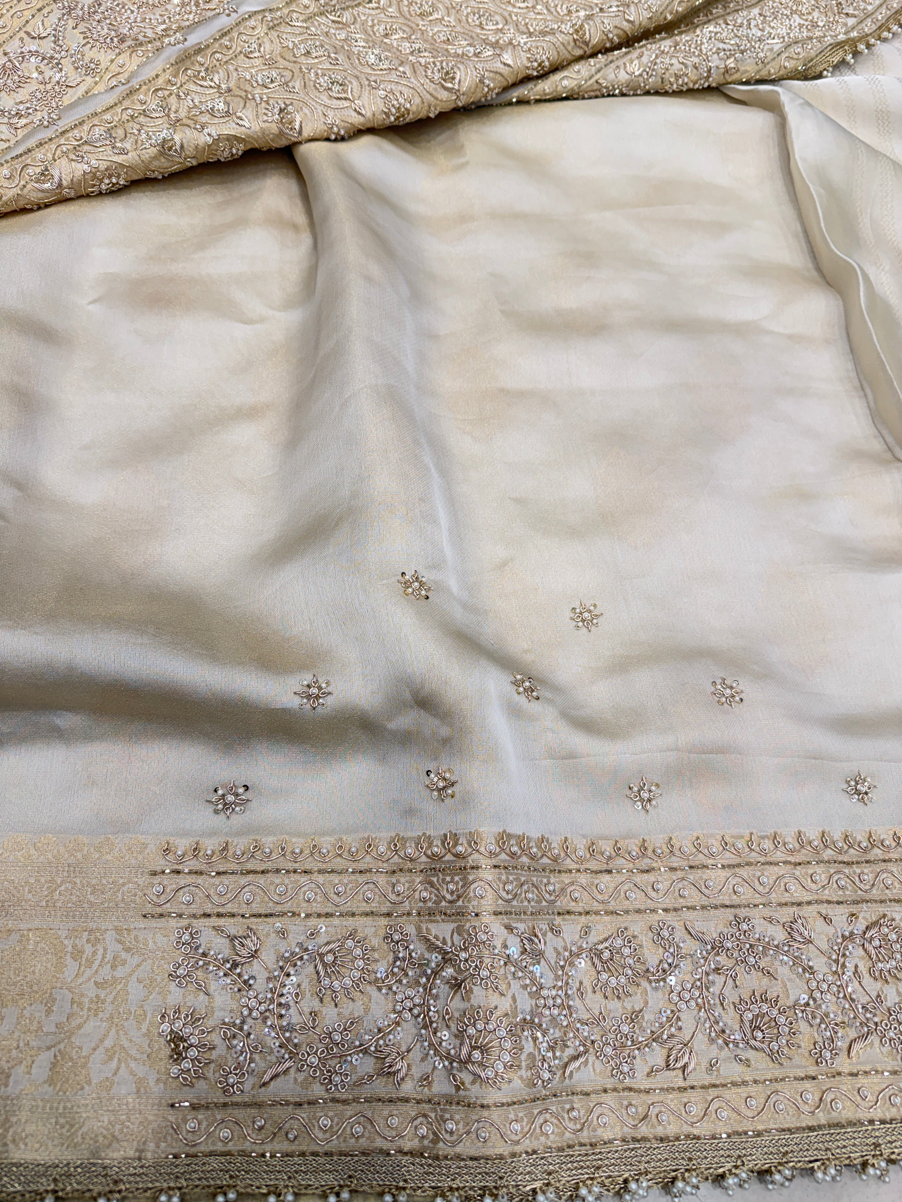 Creme Jaquard Weave Satin Zardosi Hand Embroidery Saree