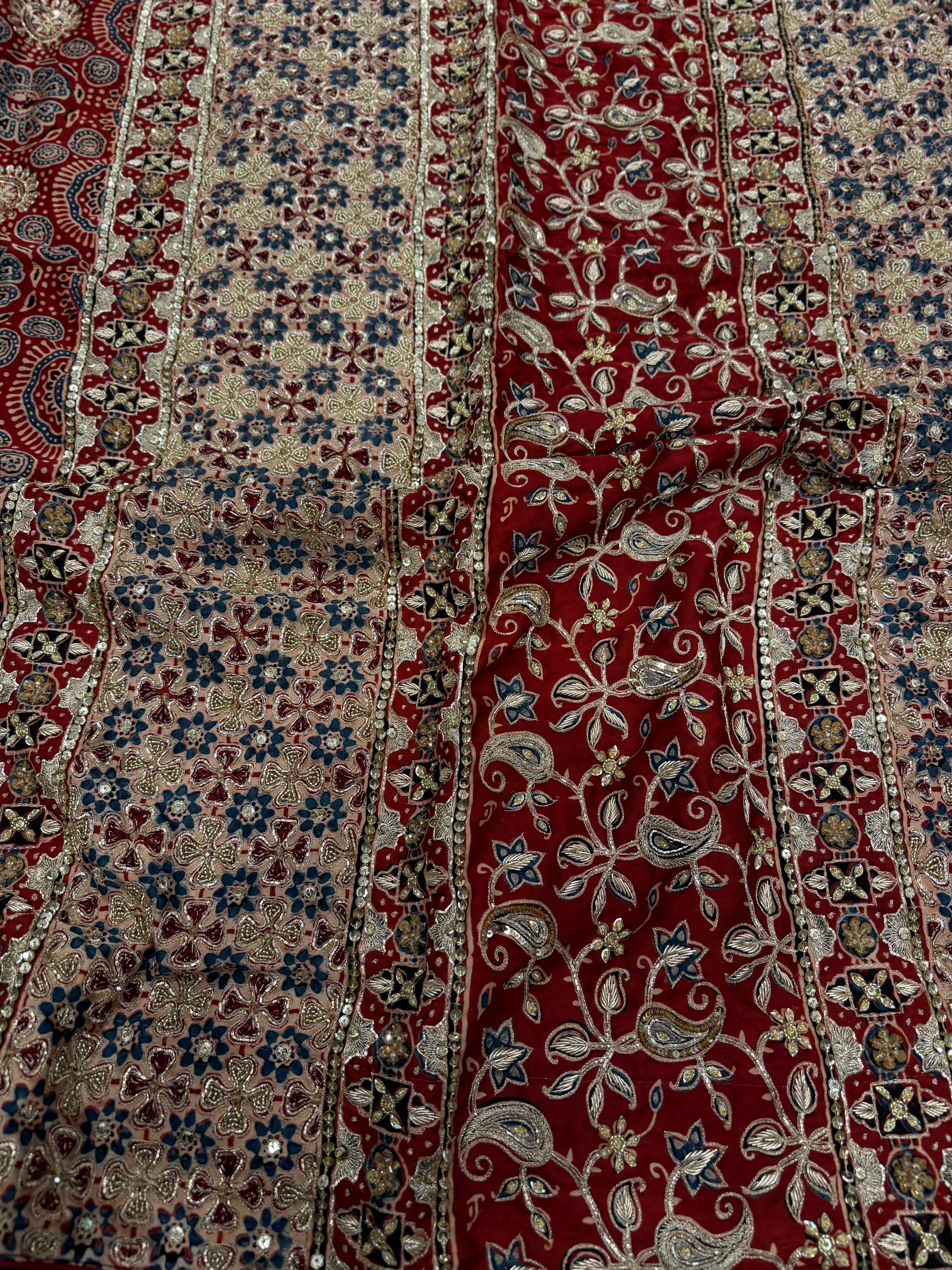 Red Ajrakh Pita Zardosi Ajrakh Hand Embroidery Saree