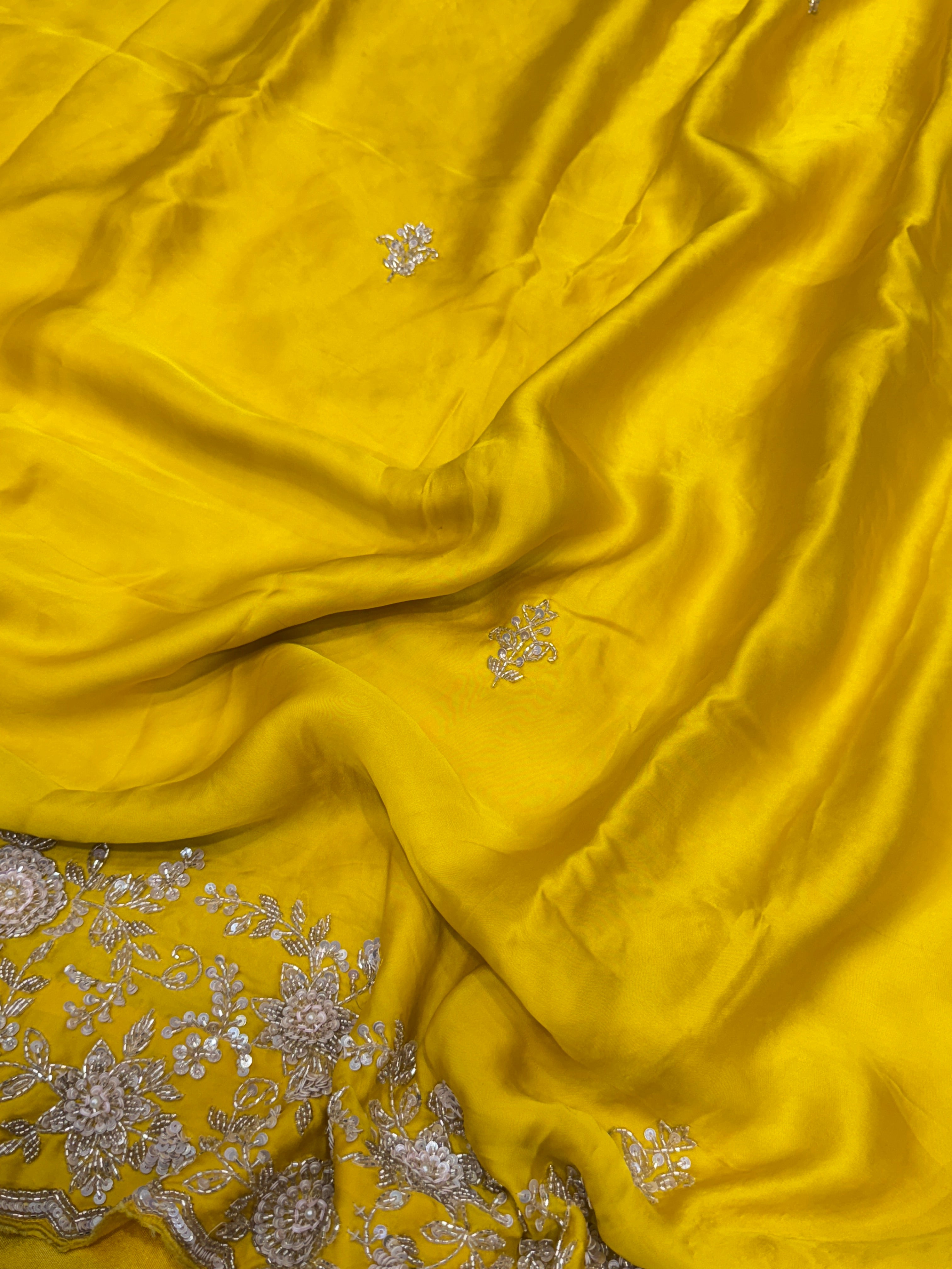 Yellow Satin Silk Hand Embroidery Moti Cutdana Saree