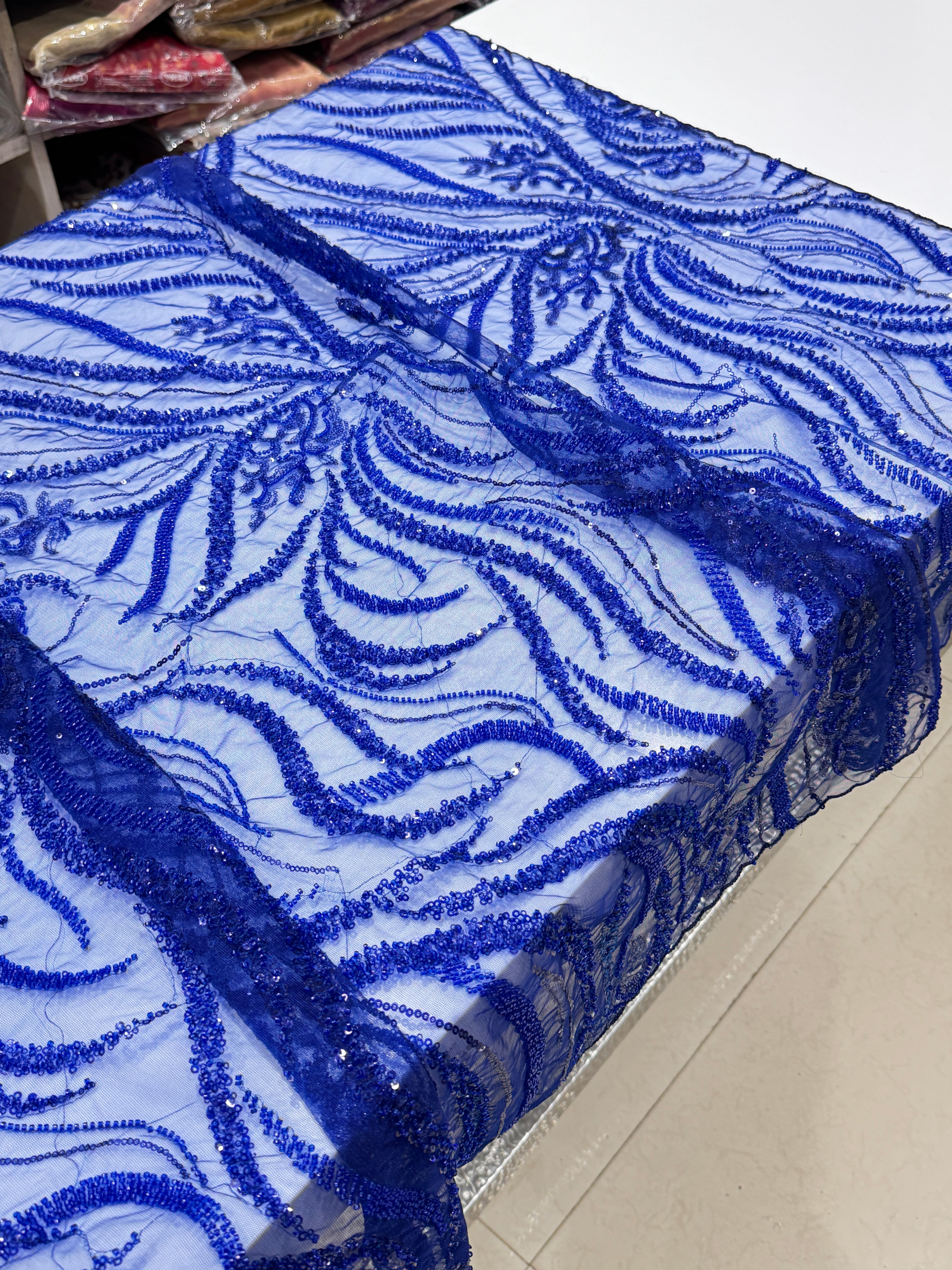 Royal Blue Soft Net Moti Sequin Embroidery Saree