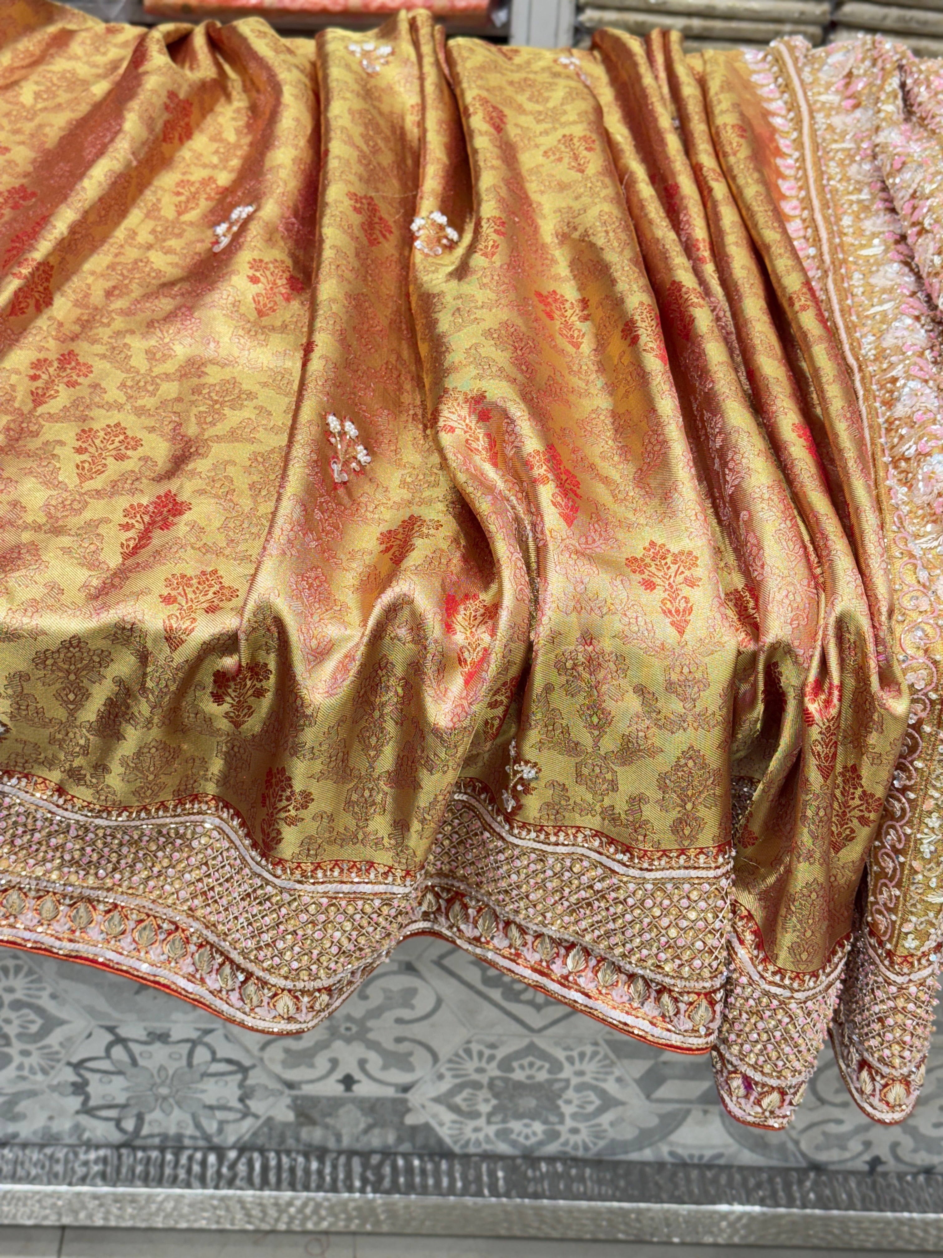 Red Jaal Tissue Kanjivaram Hand Embroidery Saree