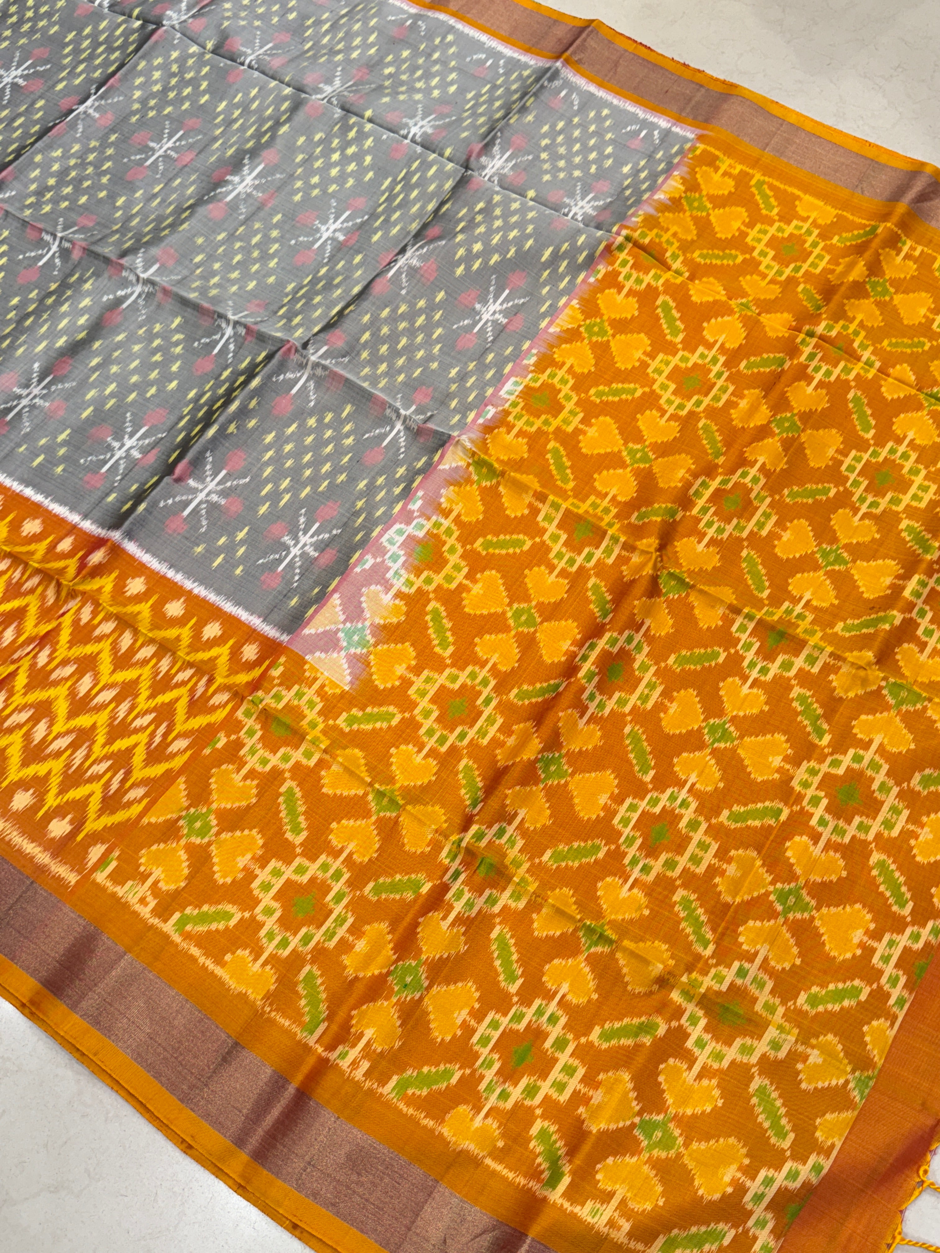 Grey Yellow Pochampally Ikat Silk Patola Saree