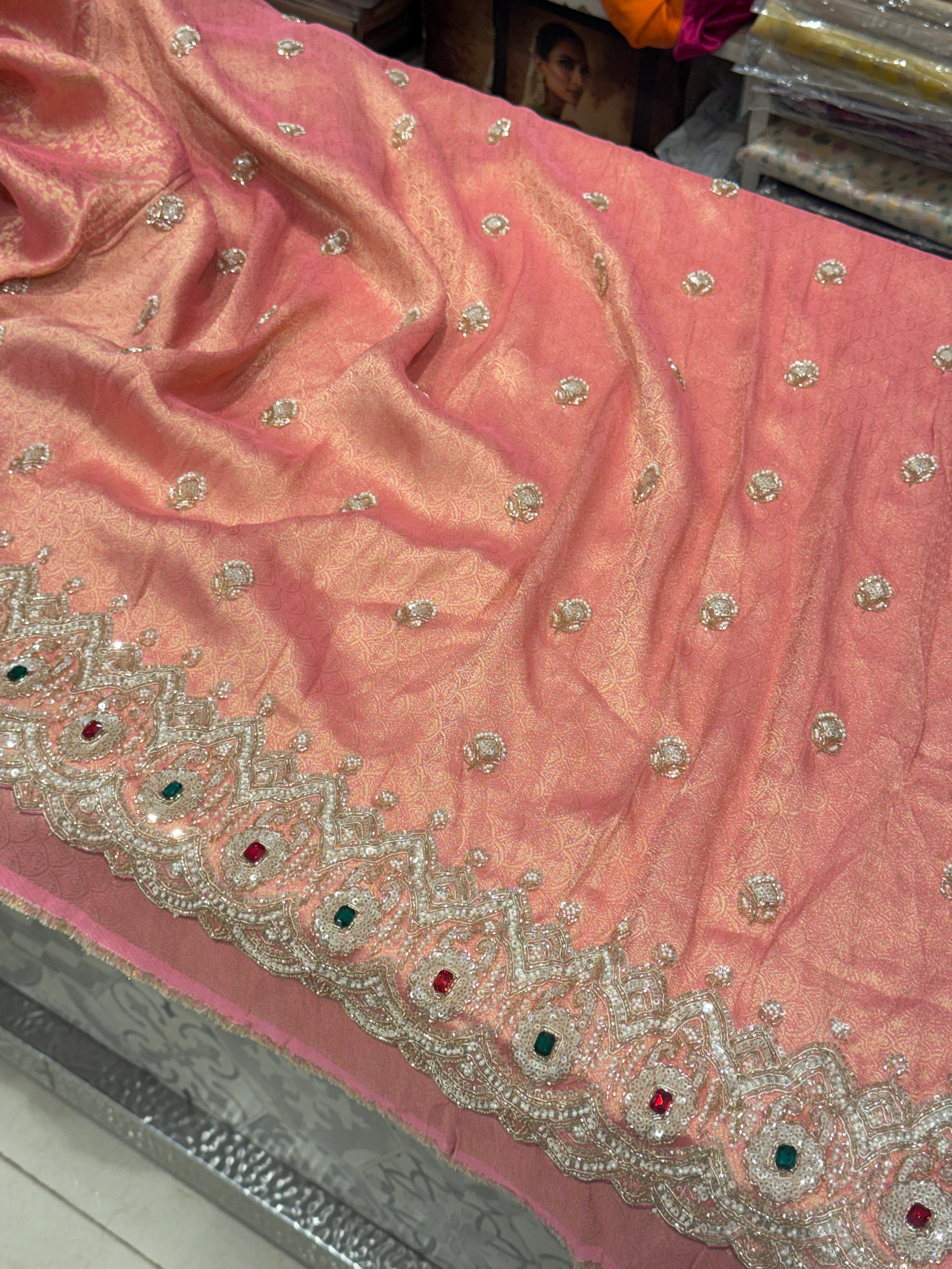 Peach Pink Tissue Crepe Shikara Style Weave Crystal Embroidery Saree