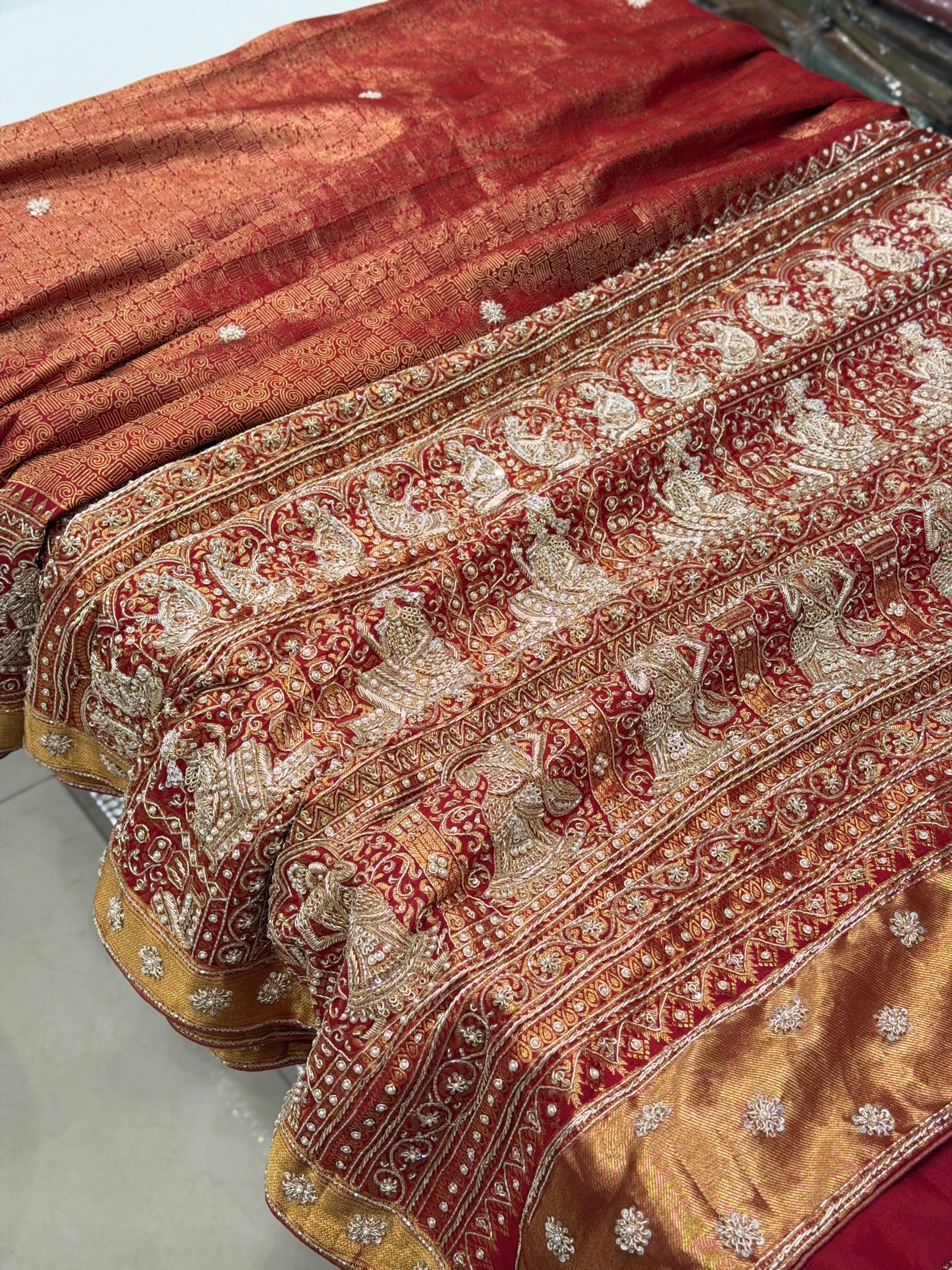 Maroonish Red Kanjivaram Zardosi Hand Embroidery Baluchari Style Saree