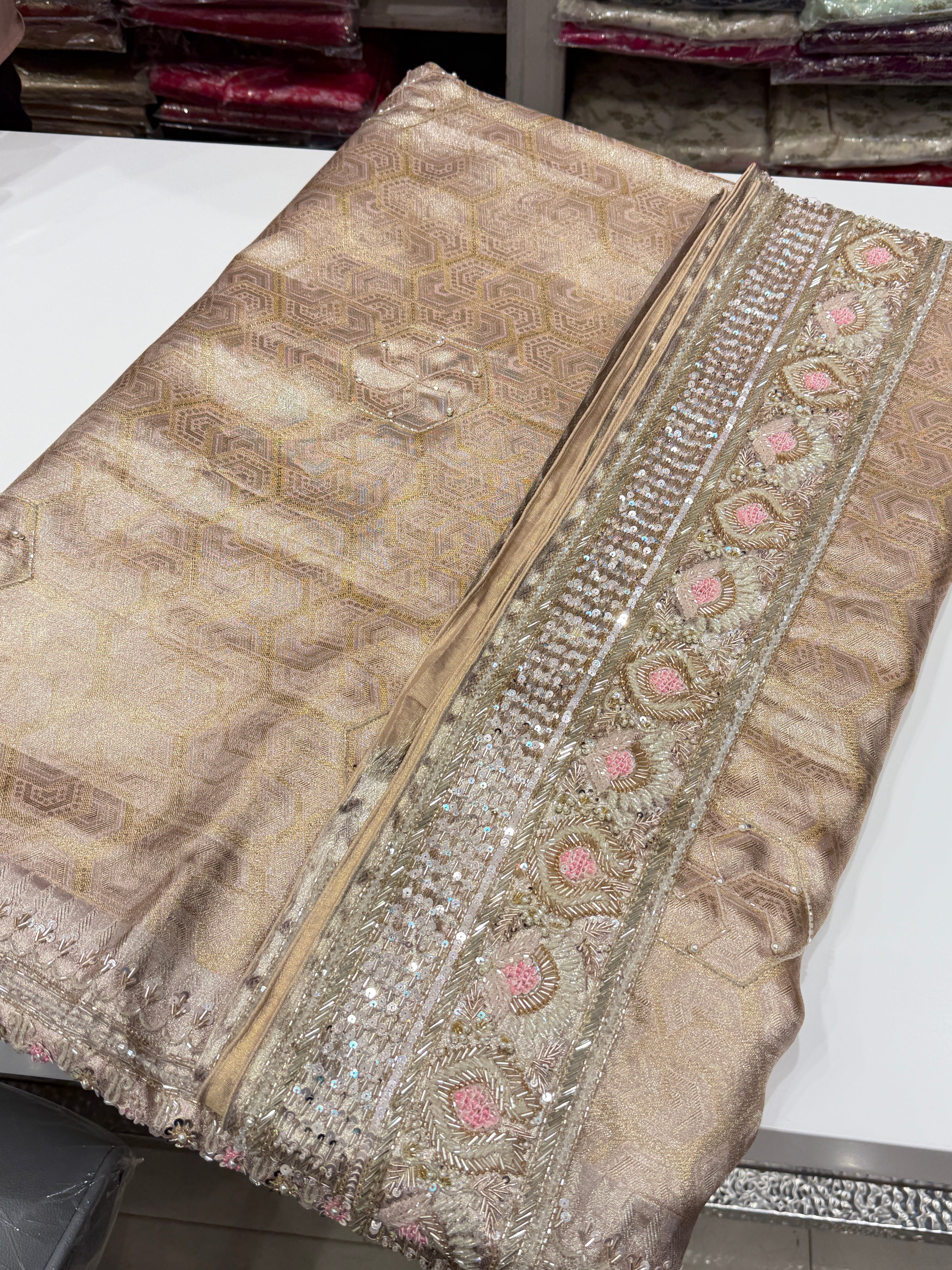 Pink on Silver Zari Handloom Kanjivaram Moti Zardosi Hand Embroidery Saree