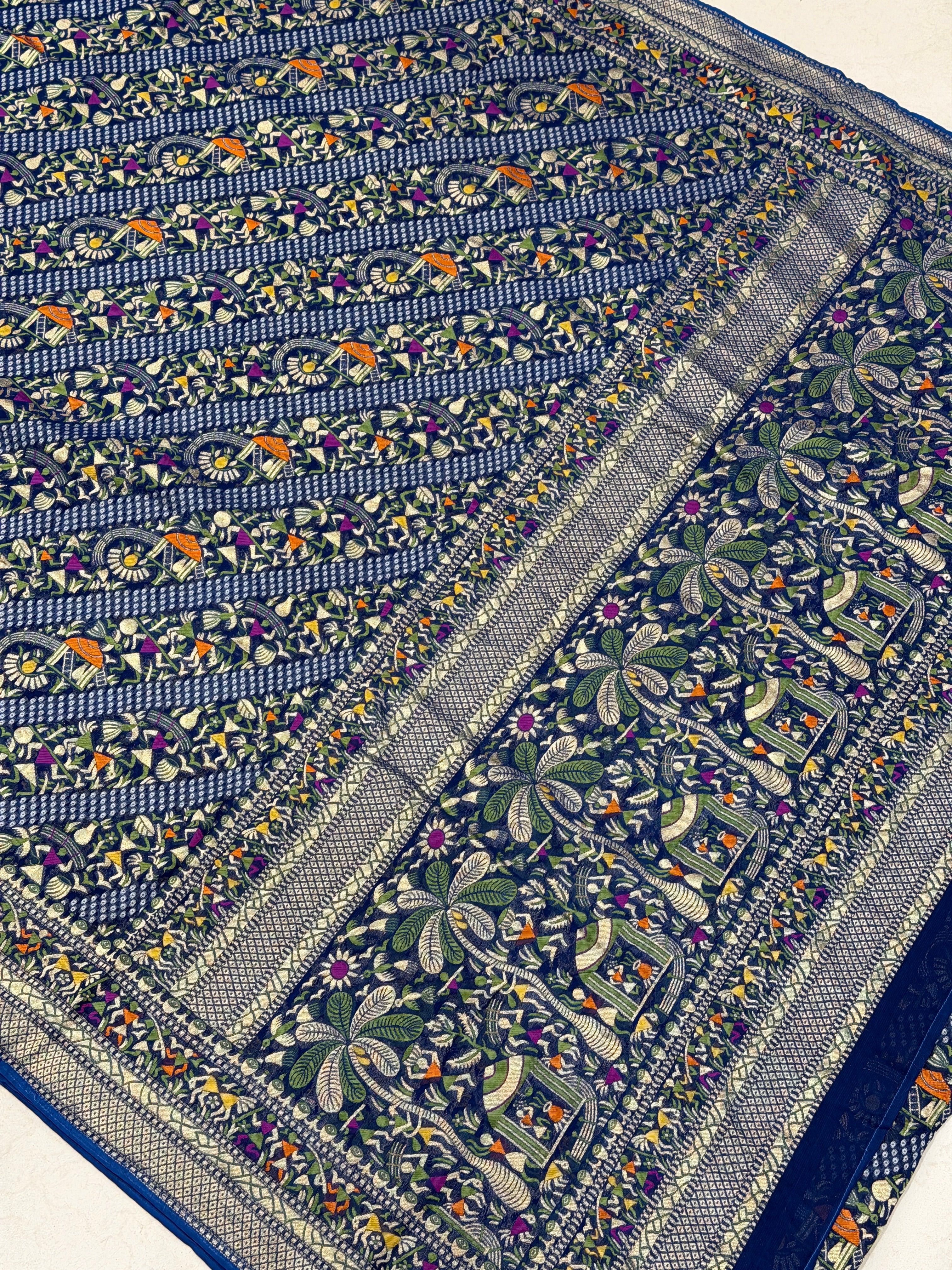 Navy Blue Warli Style Woven Bandhej Georgette Saree