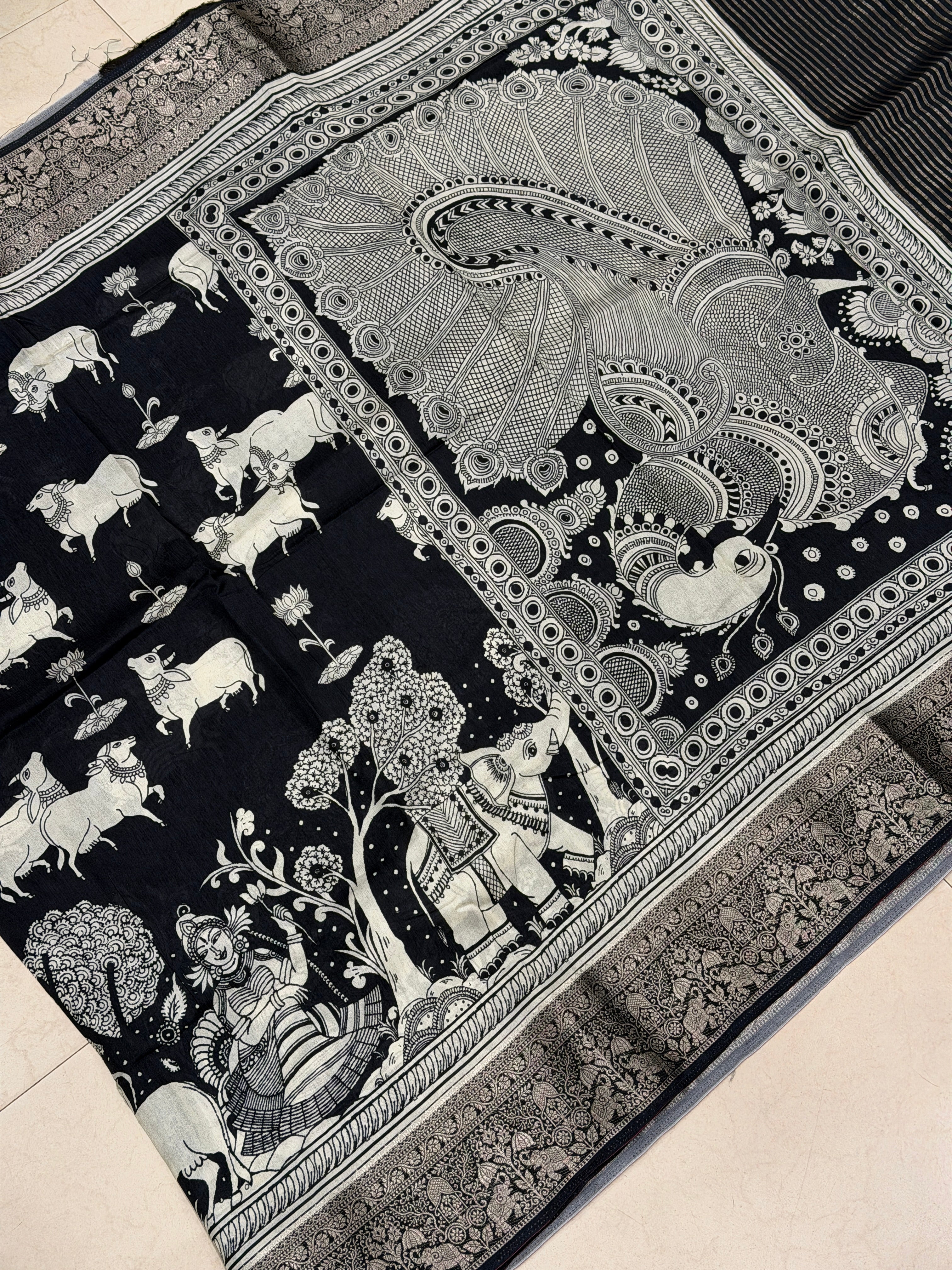 Black and White Printed Pichwai Munga Silk Saree