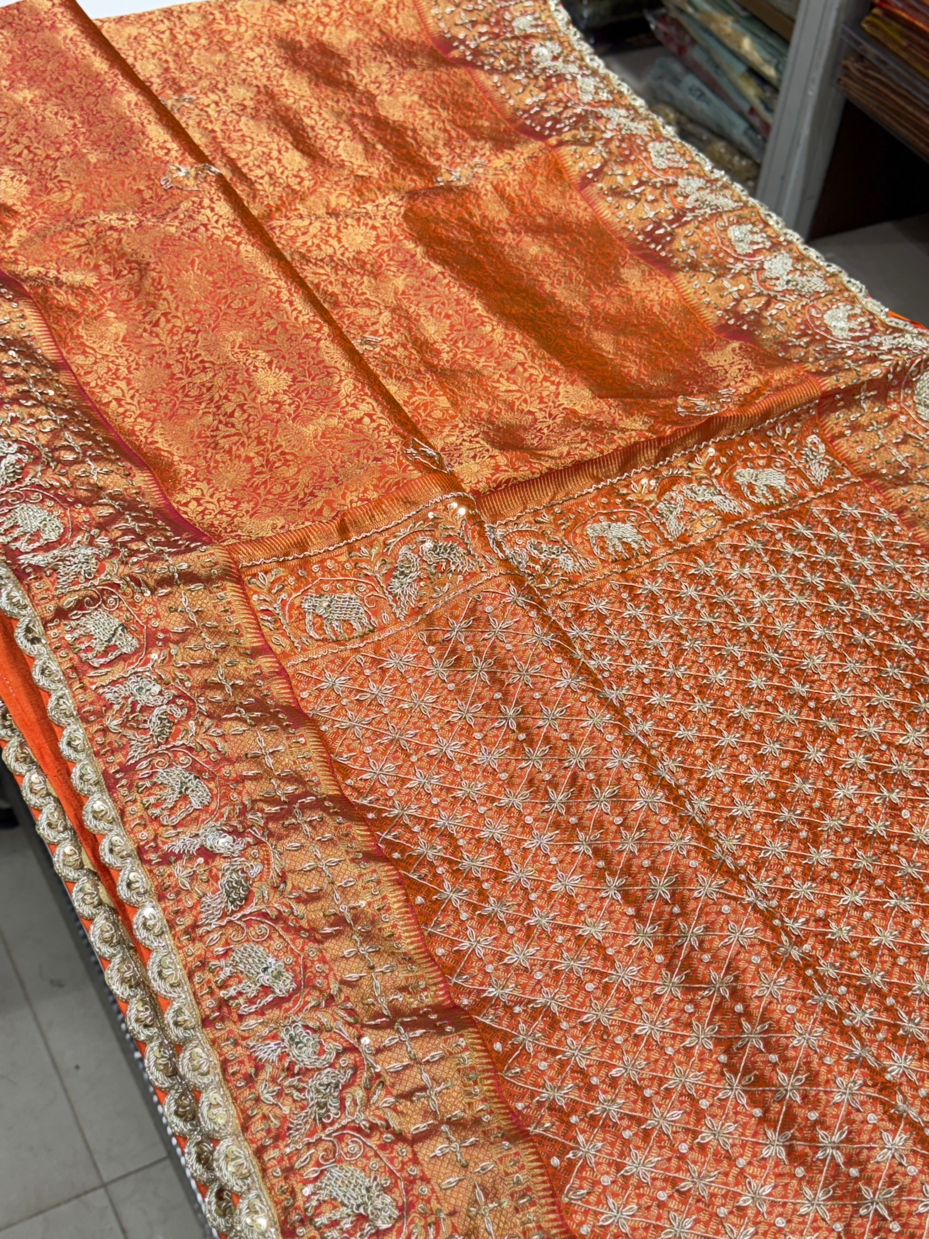 Orange Kanjivaram Peacock Motif Zardozi Hand Embroidery Saree