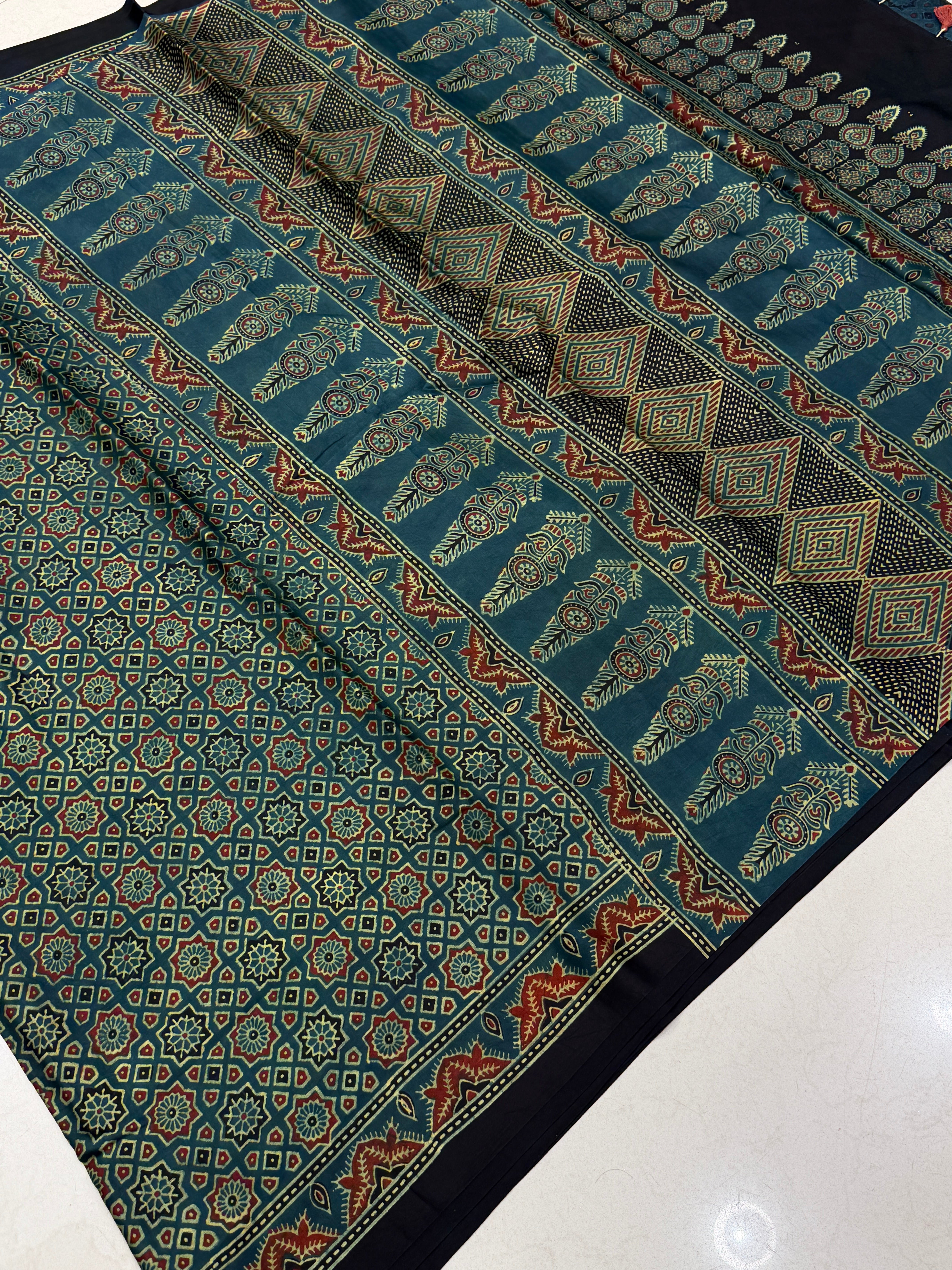 Green Star Buttis Ajrakh Hand Block Print Pure Modal Silk Saree