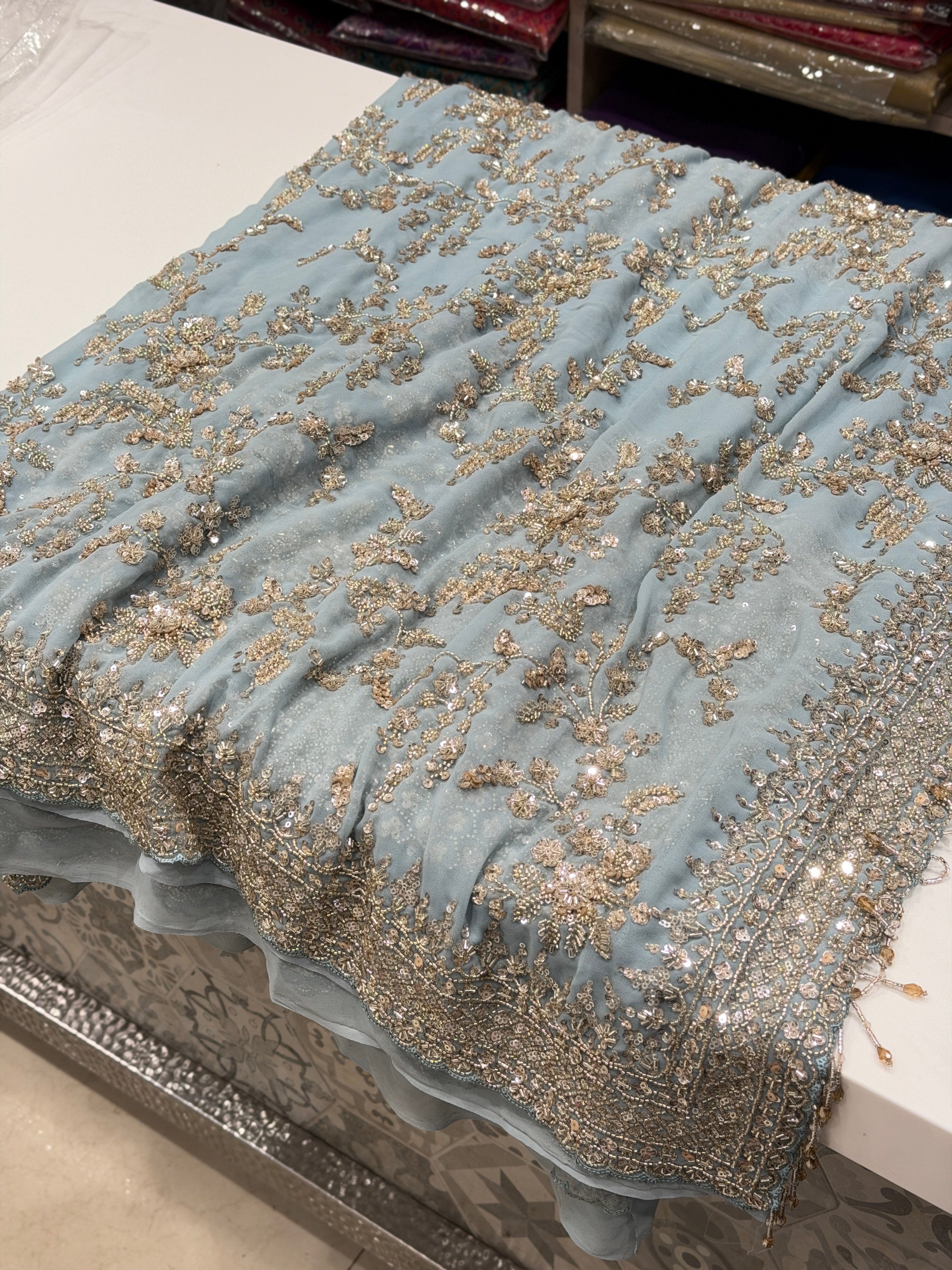 Powder Blue Manish Malhotra Inspired Georgette Moti Sequin Jaal Saree