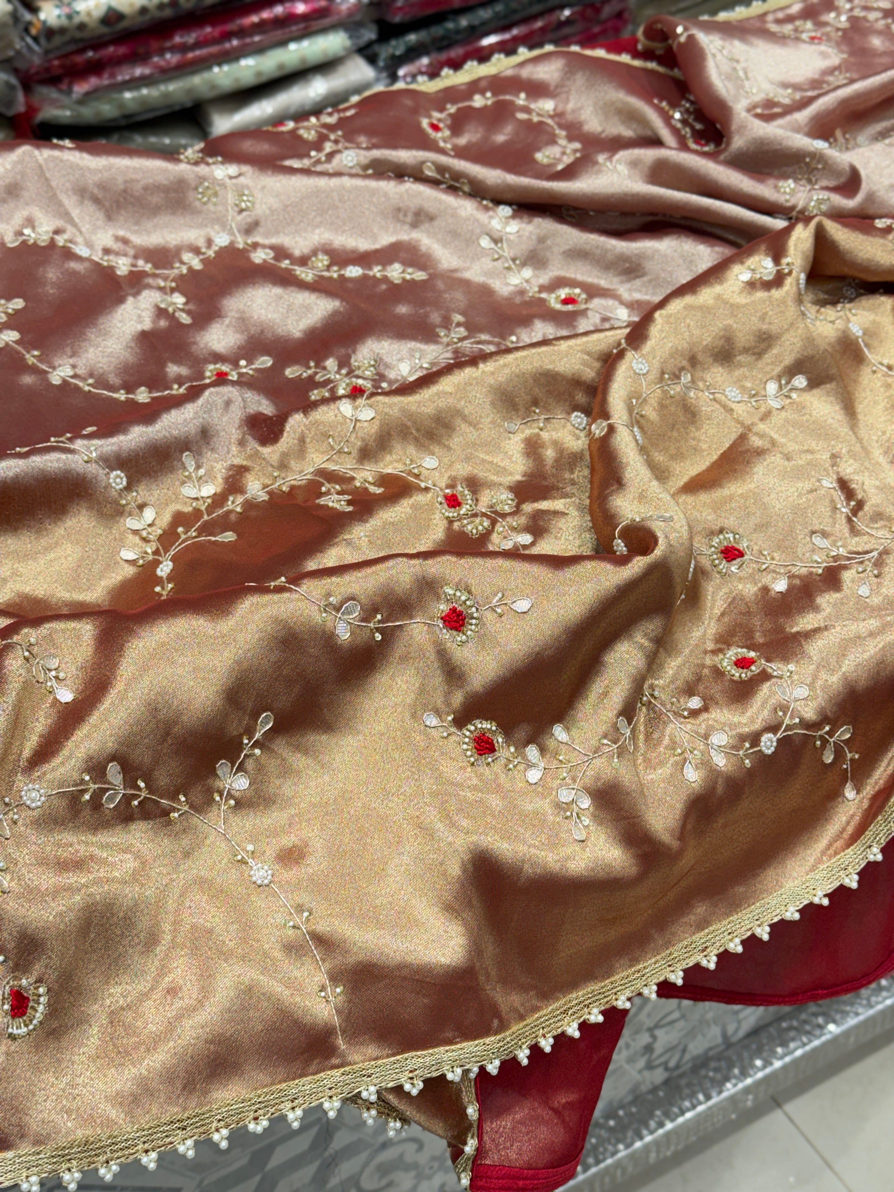 Red Tissue Zardosi Gota Resham Hand Embroidery Jaal Saree