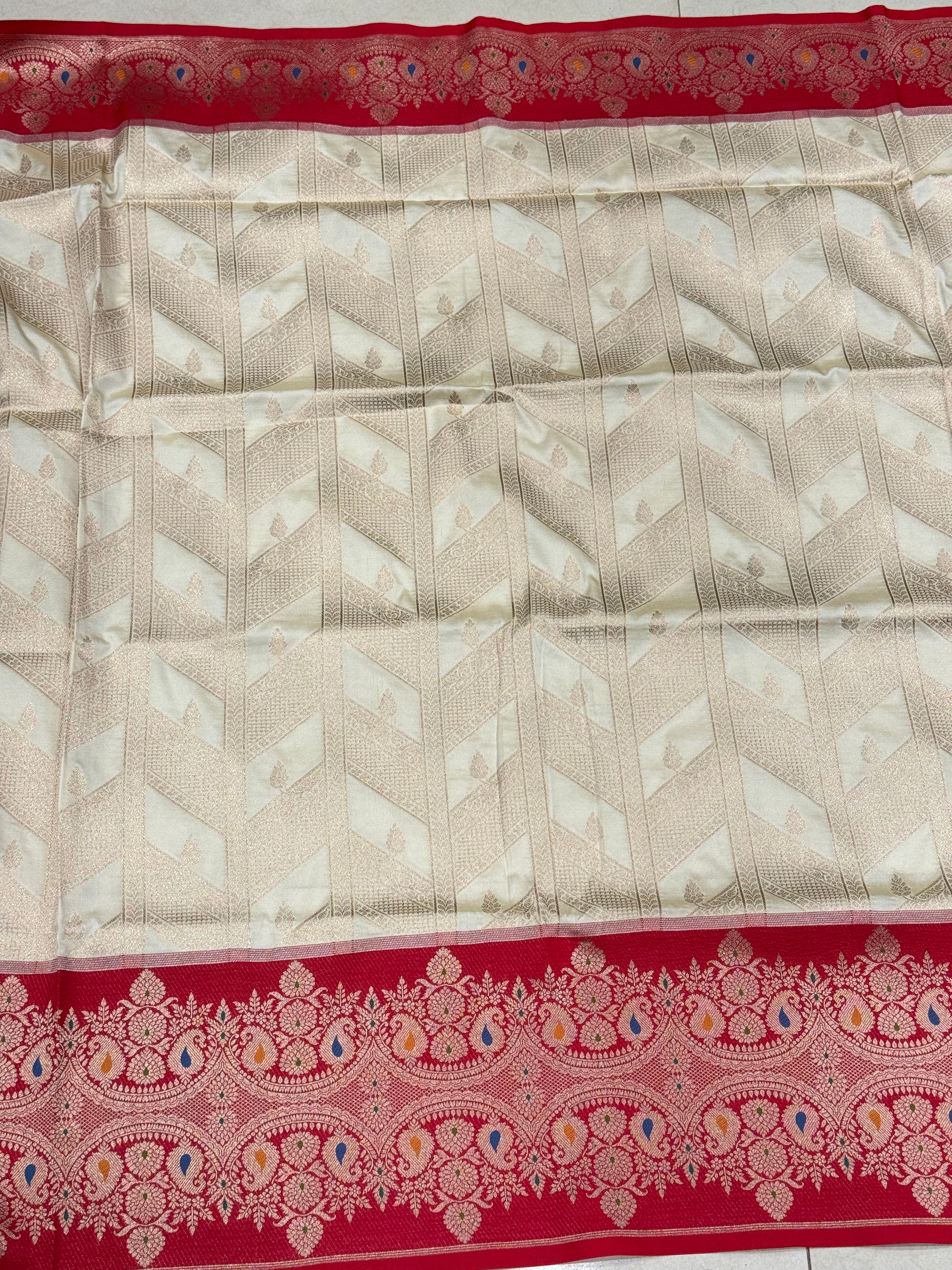 Off White Contemporary Red Border Banarasi Silk Saree
