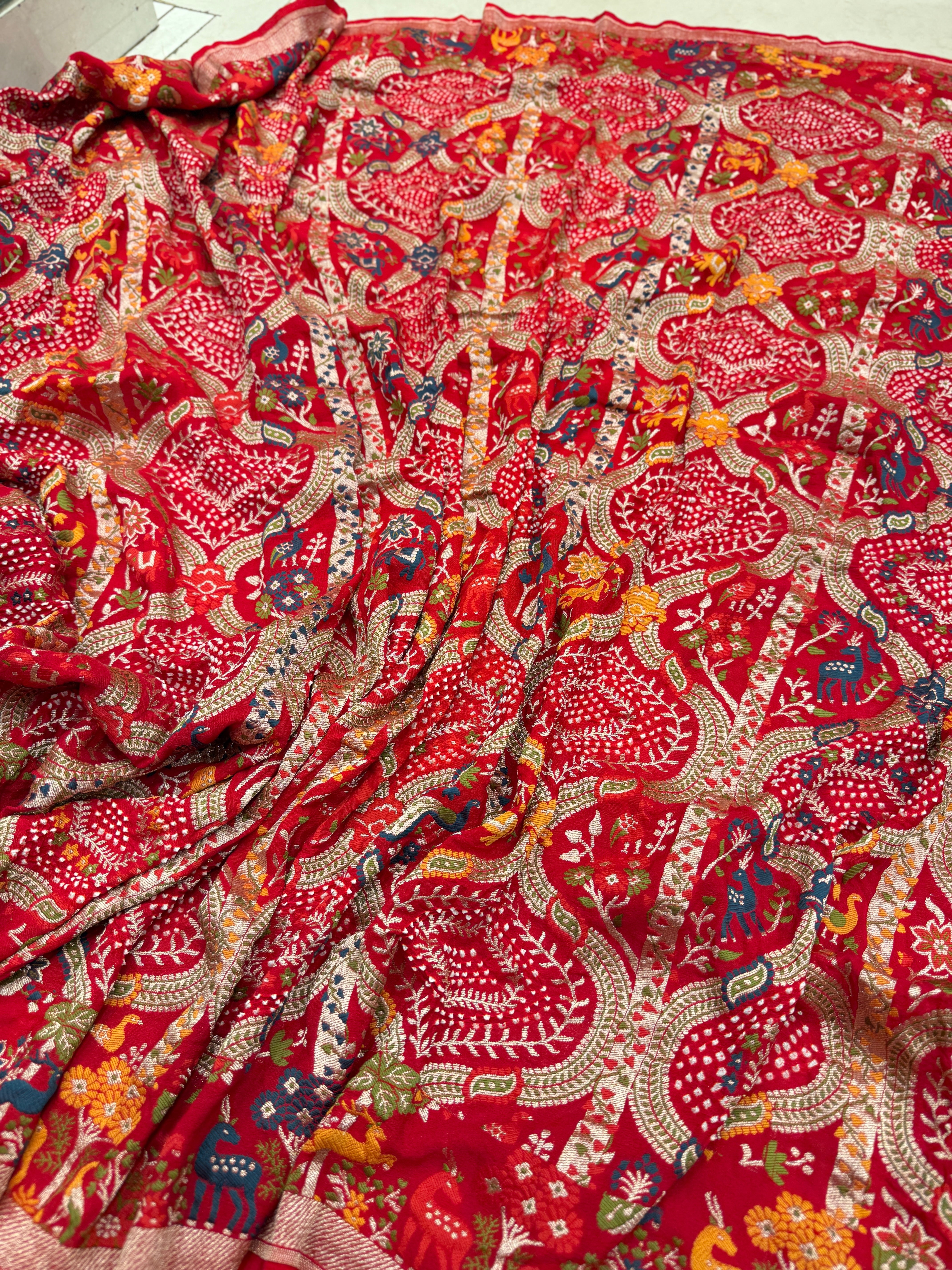Red Meenakari Rai Bandhej Shikara Border Saree