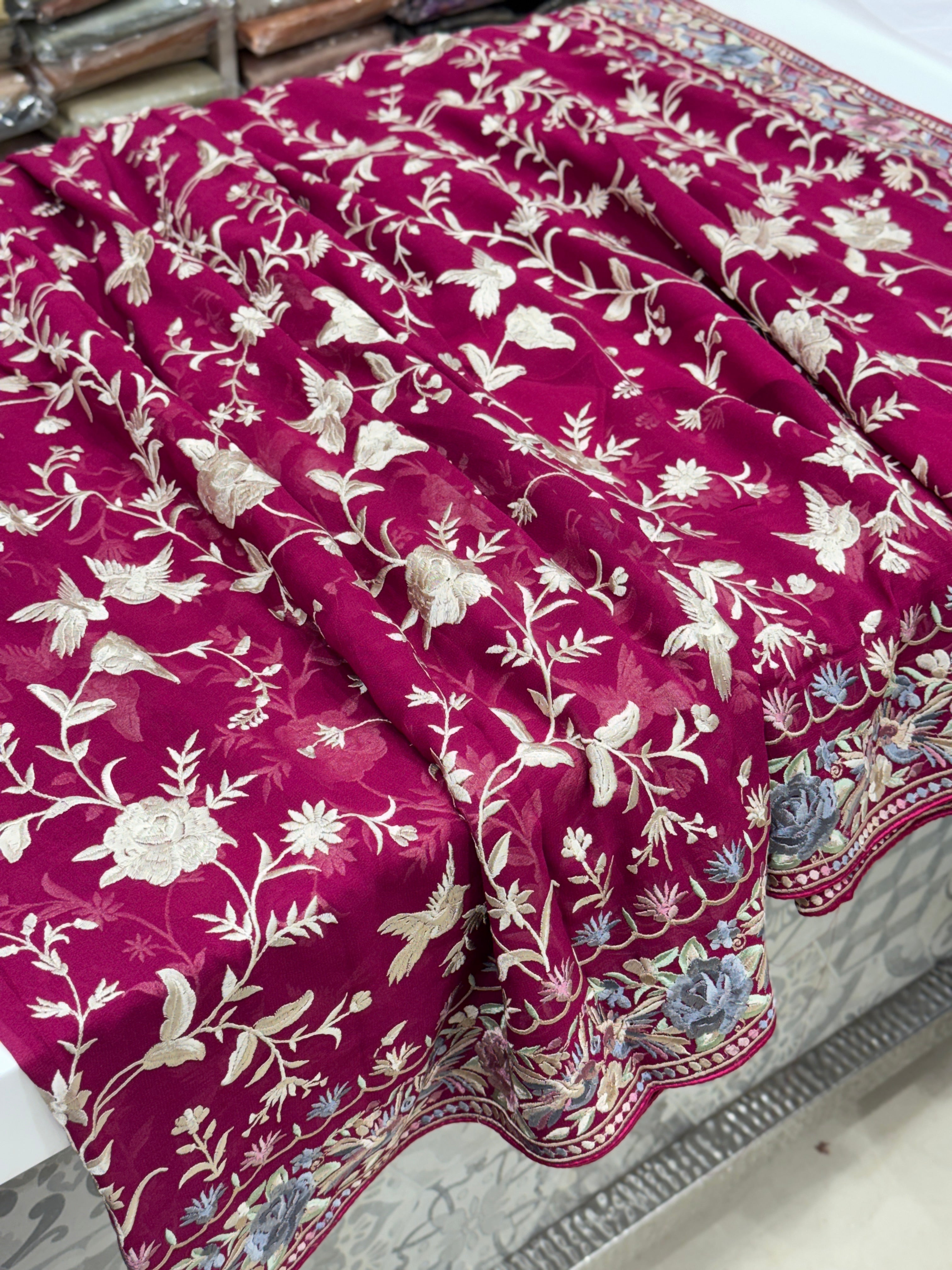 Cross Wine Persian Jaal Loving Birds Parsi Gara Saree