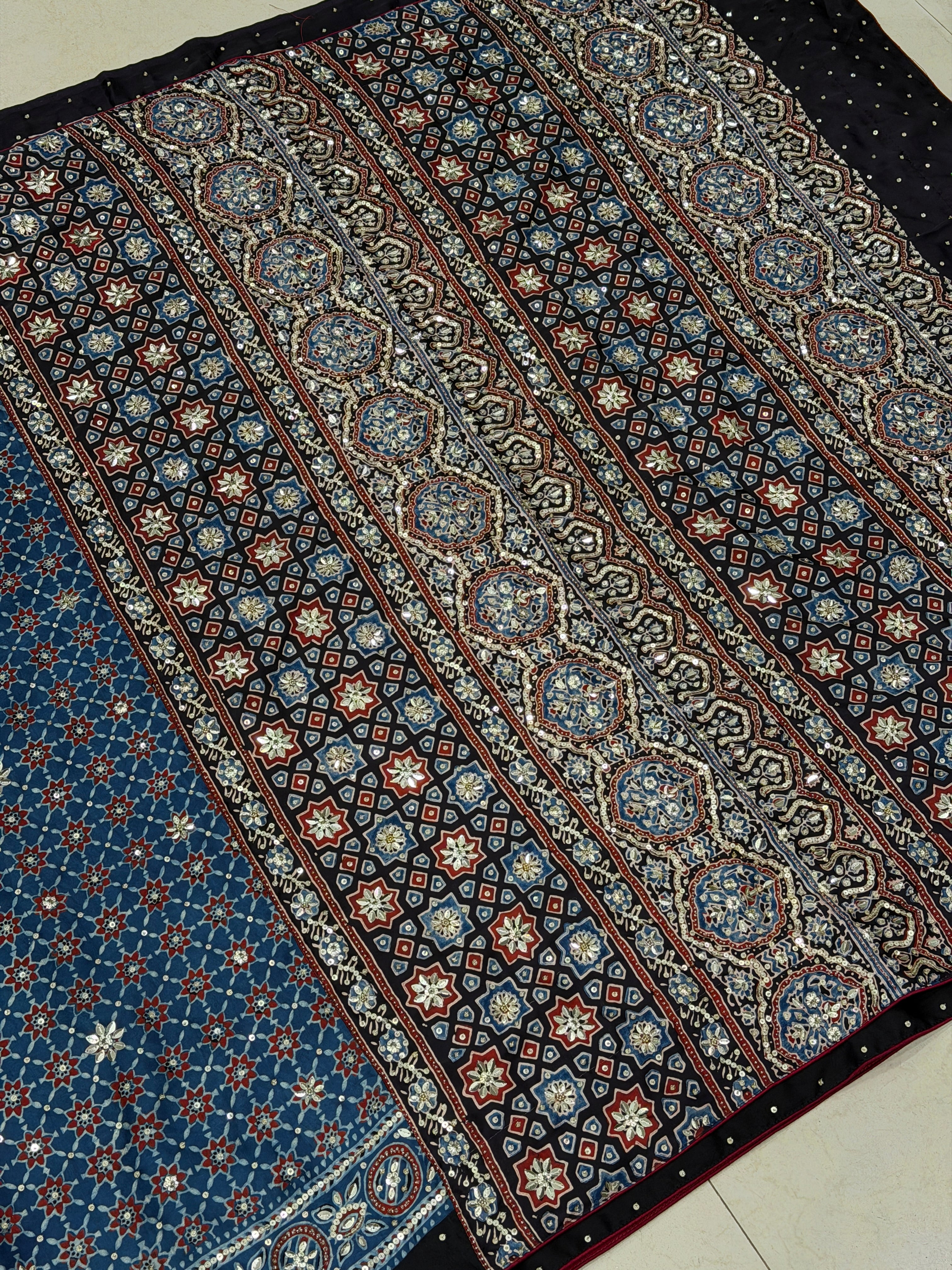 Blue Jaal Ajrakh Sequin Moti Hand Embroidery Saree