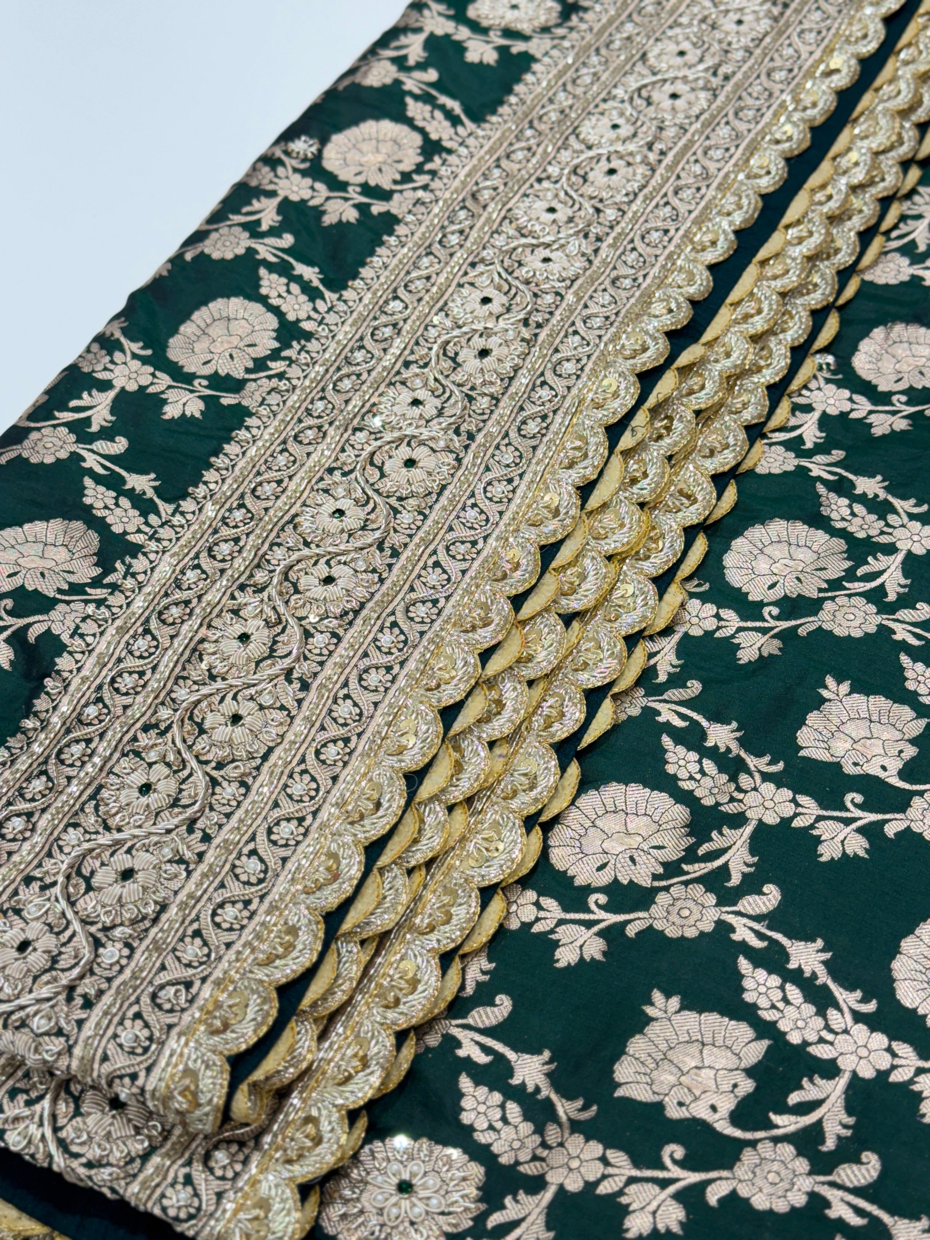 Bottle Green Handloom Banarasi Katan Jaal Zardosi Embroidery Saree