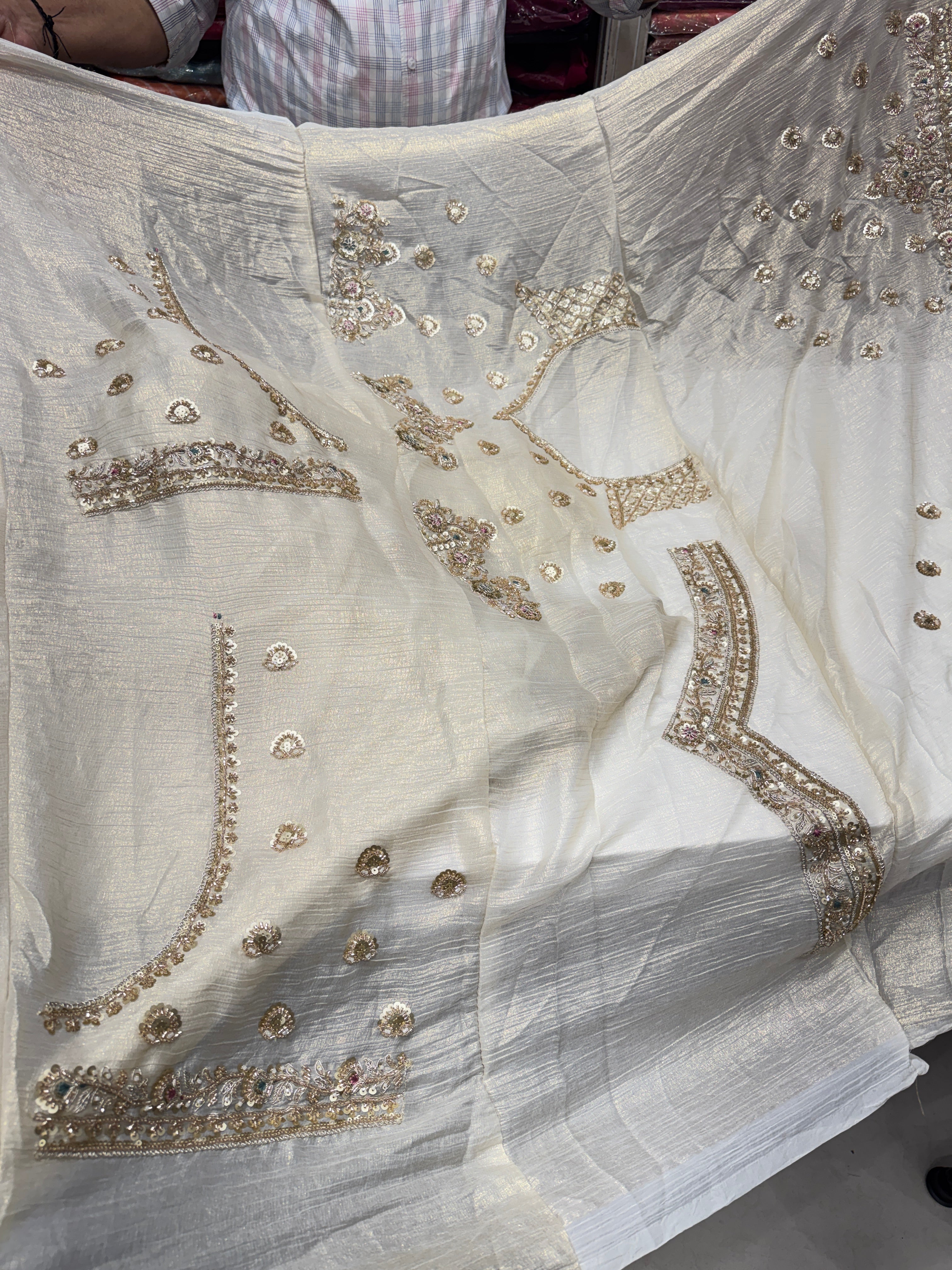 Golden Crushed Soft Tissue Zari Cutdana Embroidered Saree