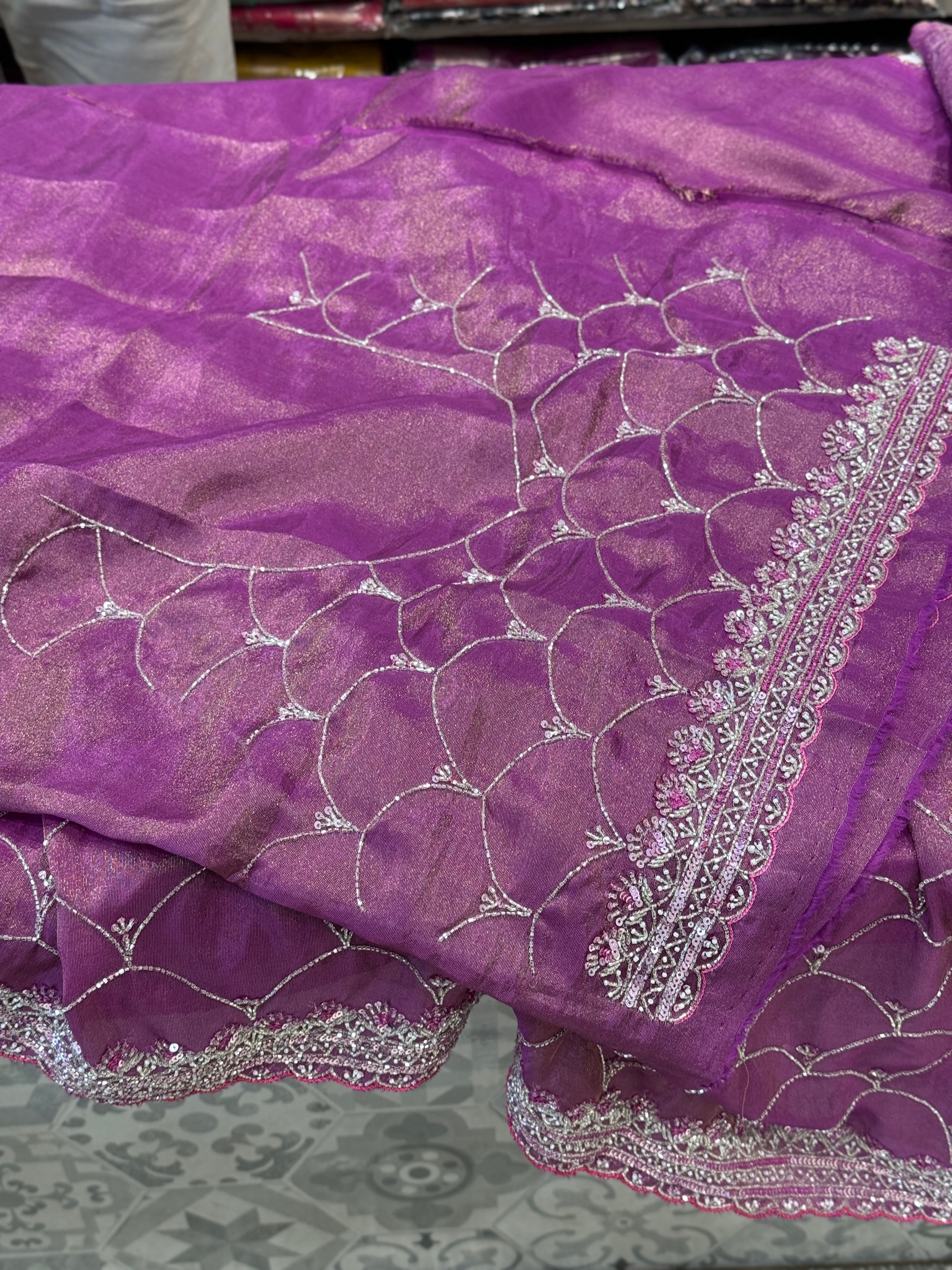 Cross Violet Rani Crepe Tissue Embroidery Saree