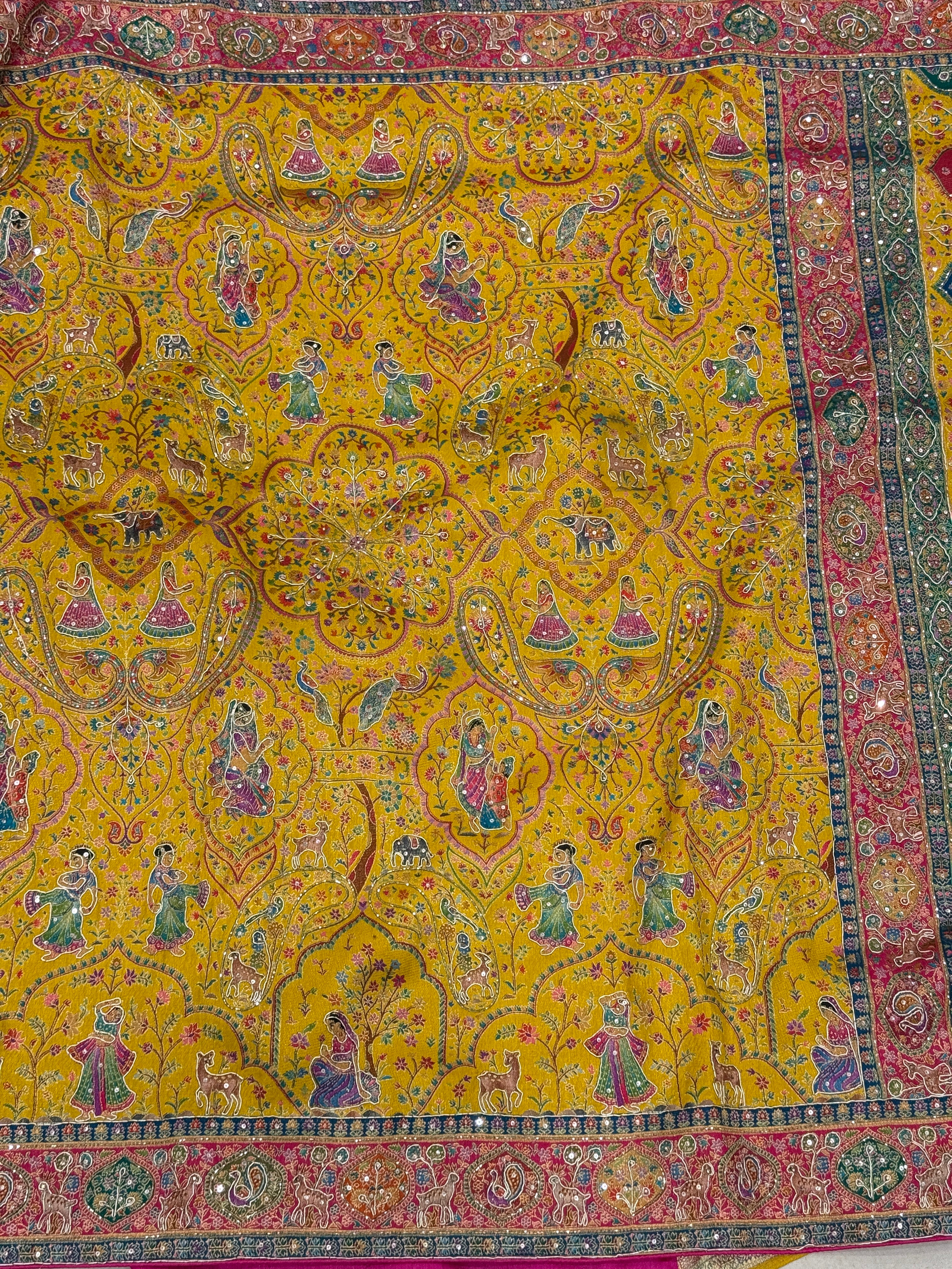 Yellow Pashmina Baluchari Style Hand Embroidery Saree