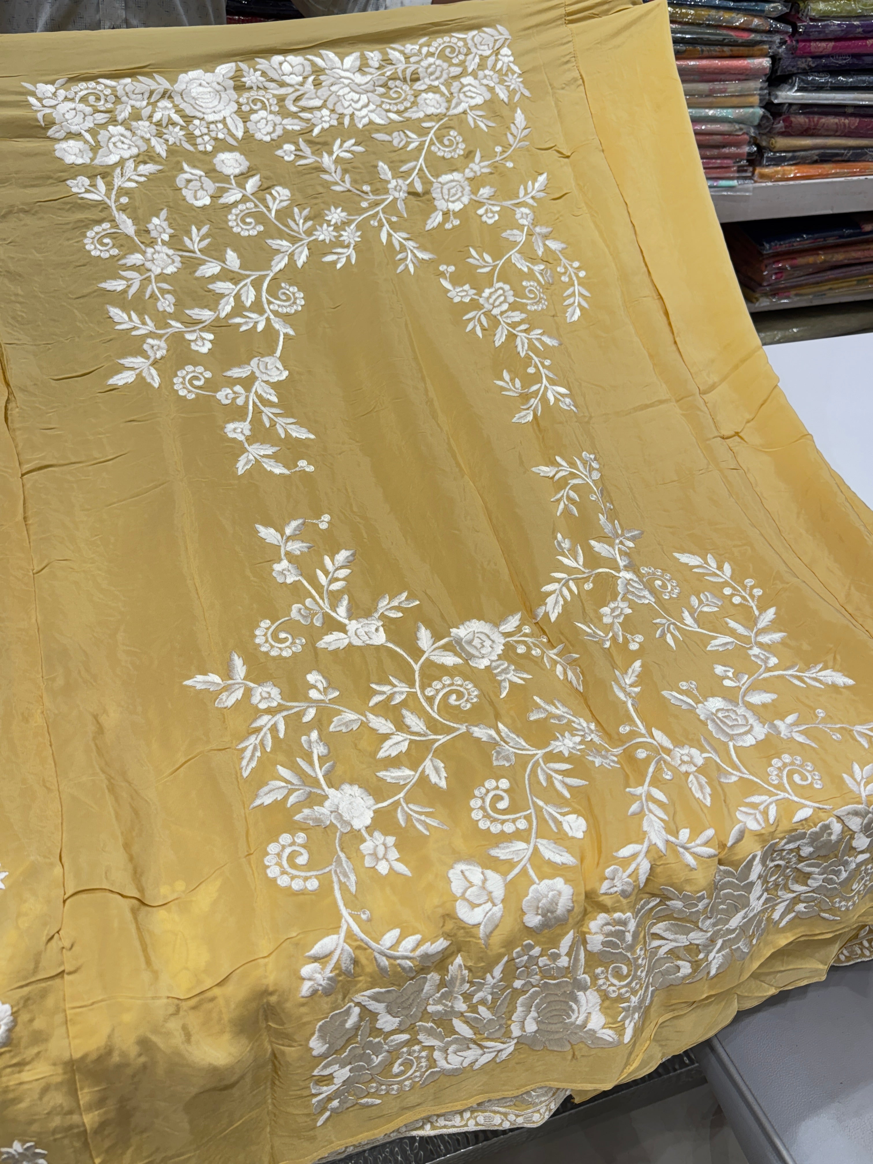 Yellow Crepe Floral Parsi Gara Saree