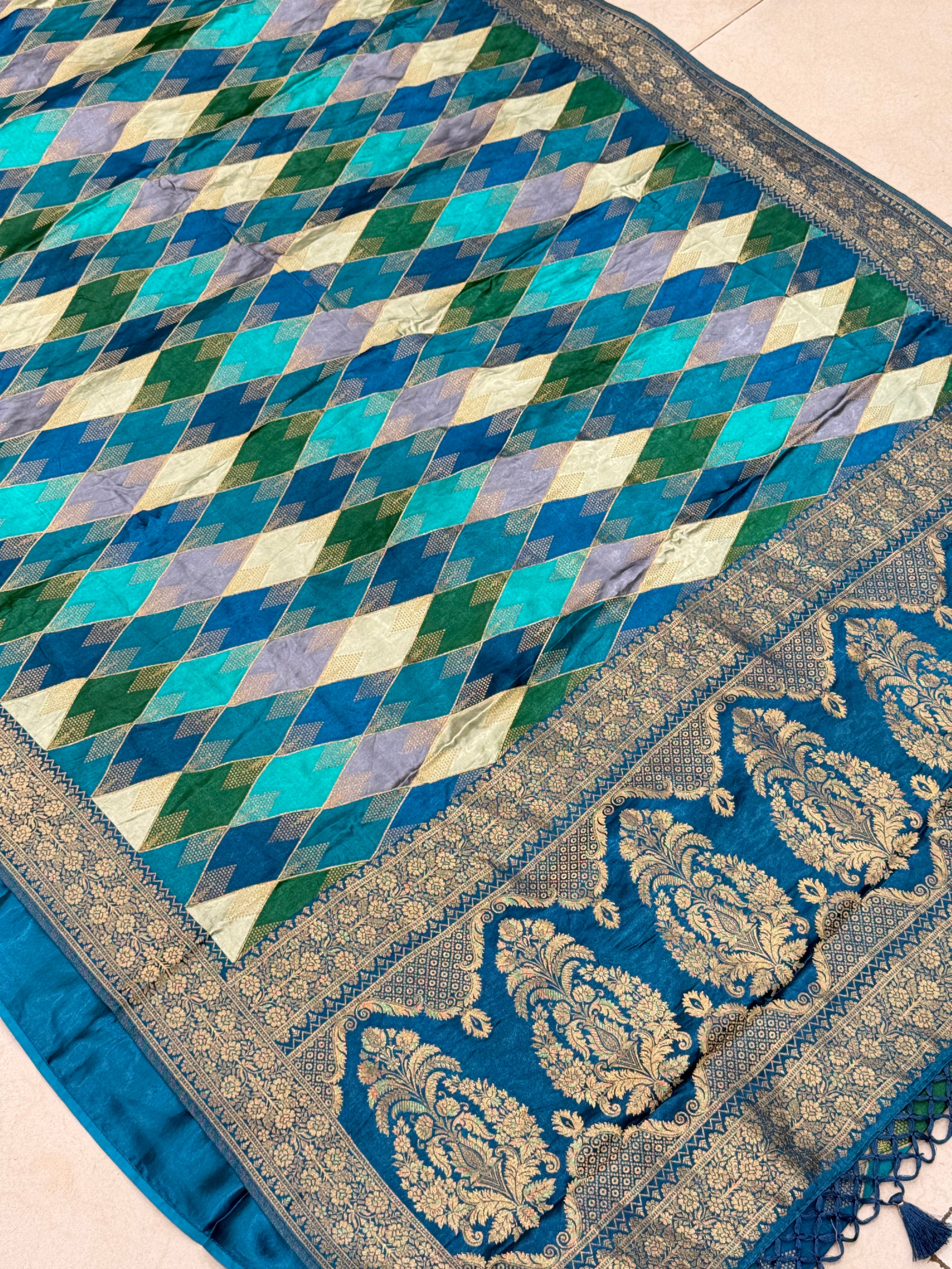 Rama Blue Contemporary Kaju Katli Design Banarasi Modal Satin Rangkat Saree