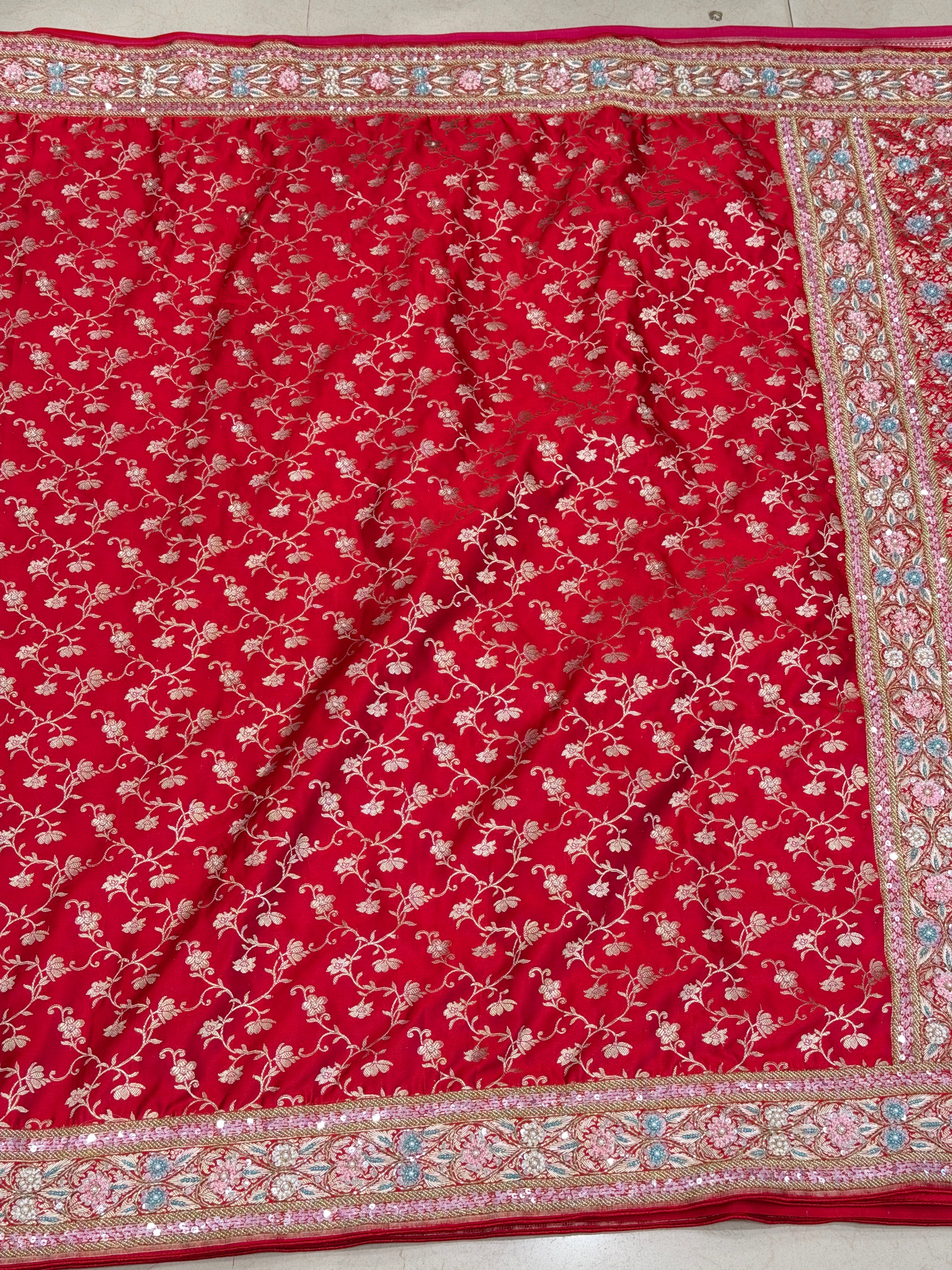 Red Banarasi Pine Jaal Moti Zardosi Hand Embroidery Saree