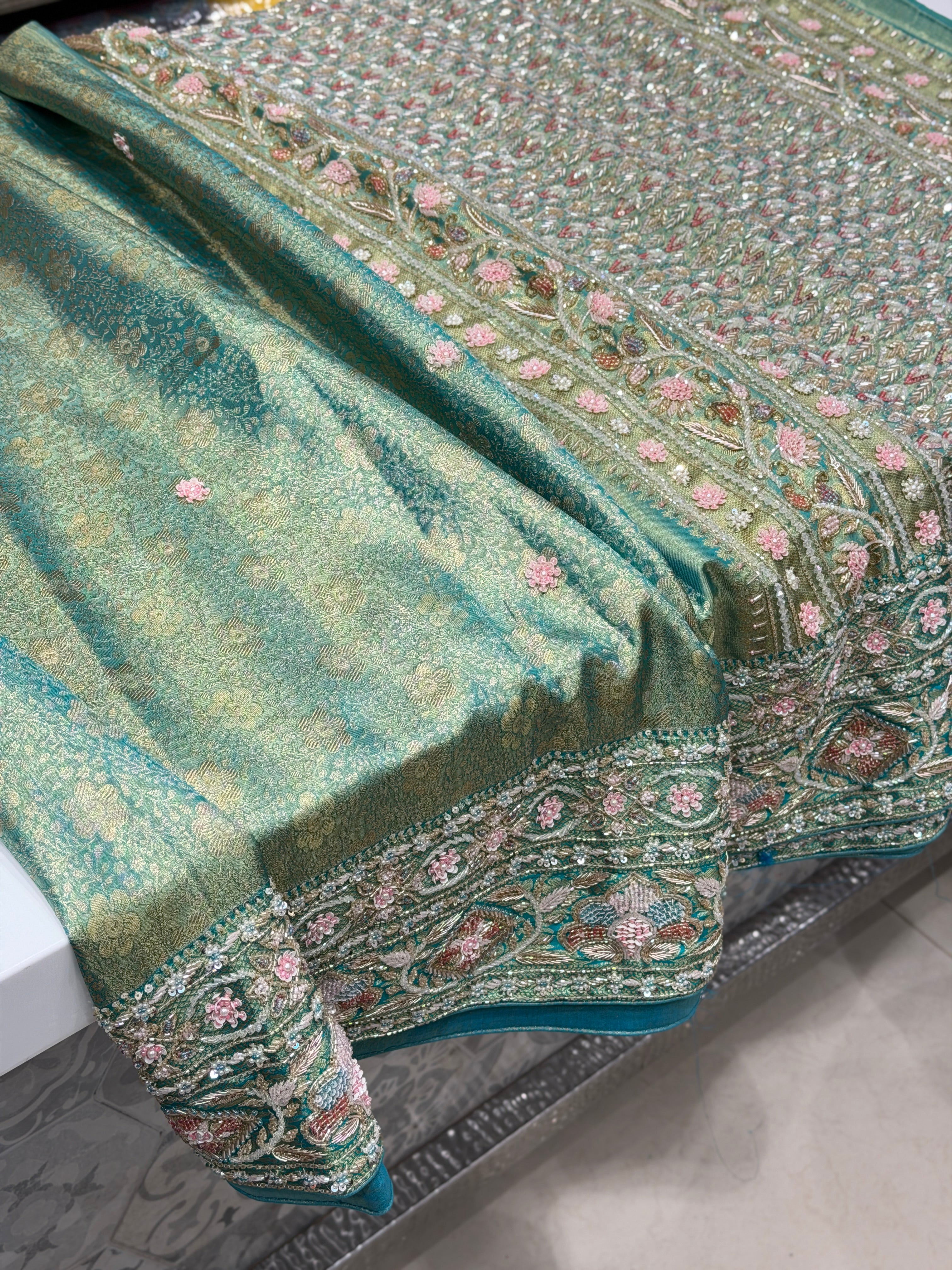 Pista Green Floral Tissue Kanjivaram Hand Embroidery Saree