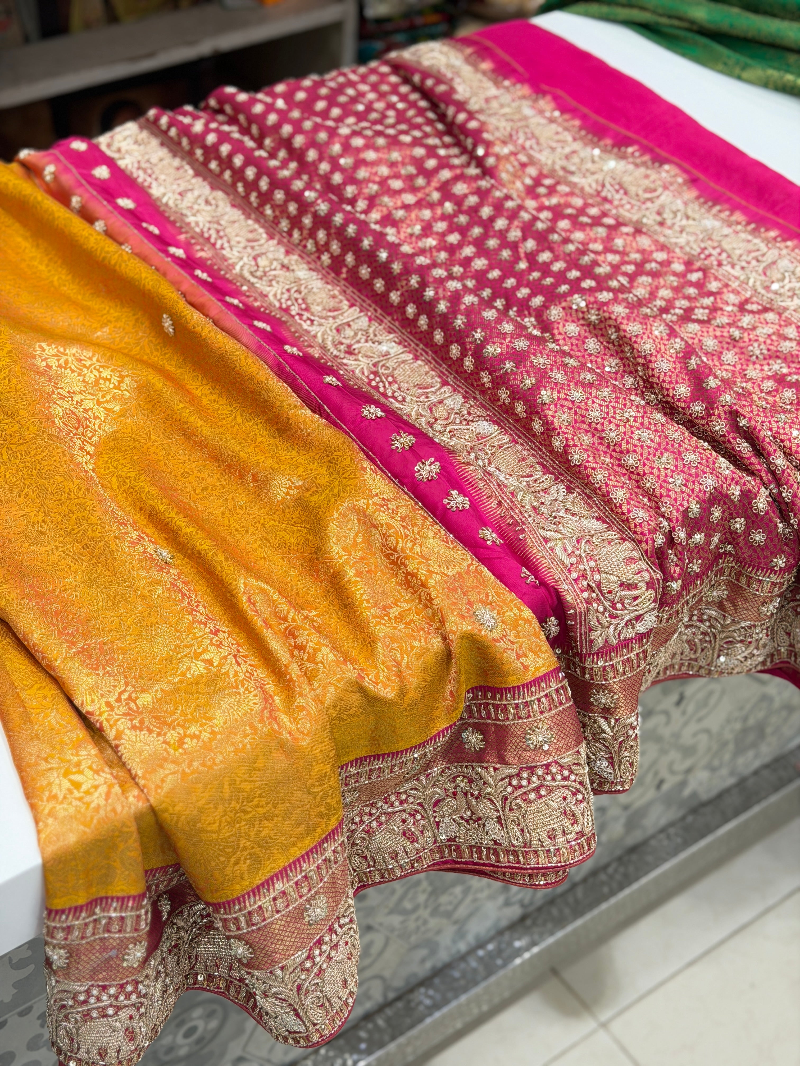 Mustard Yellow Kanjivaram Elephant Motifs Zardosi Hand Embroidery Saree