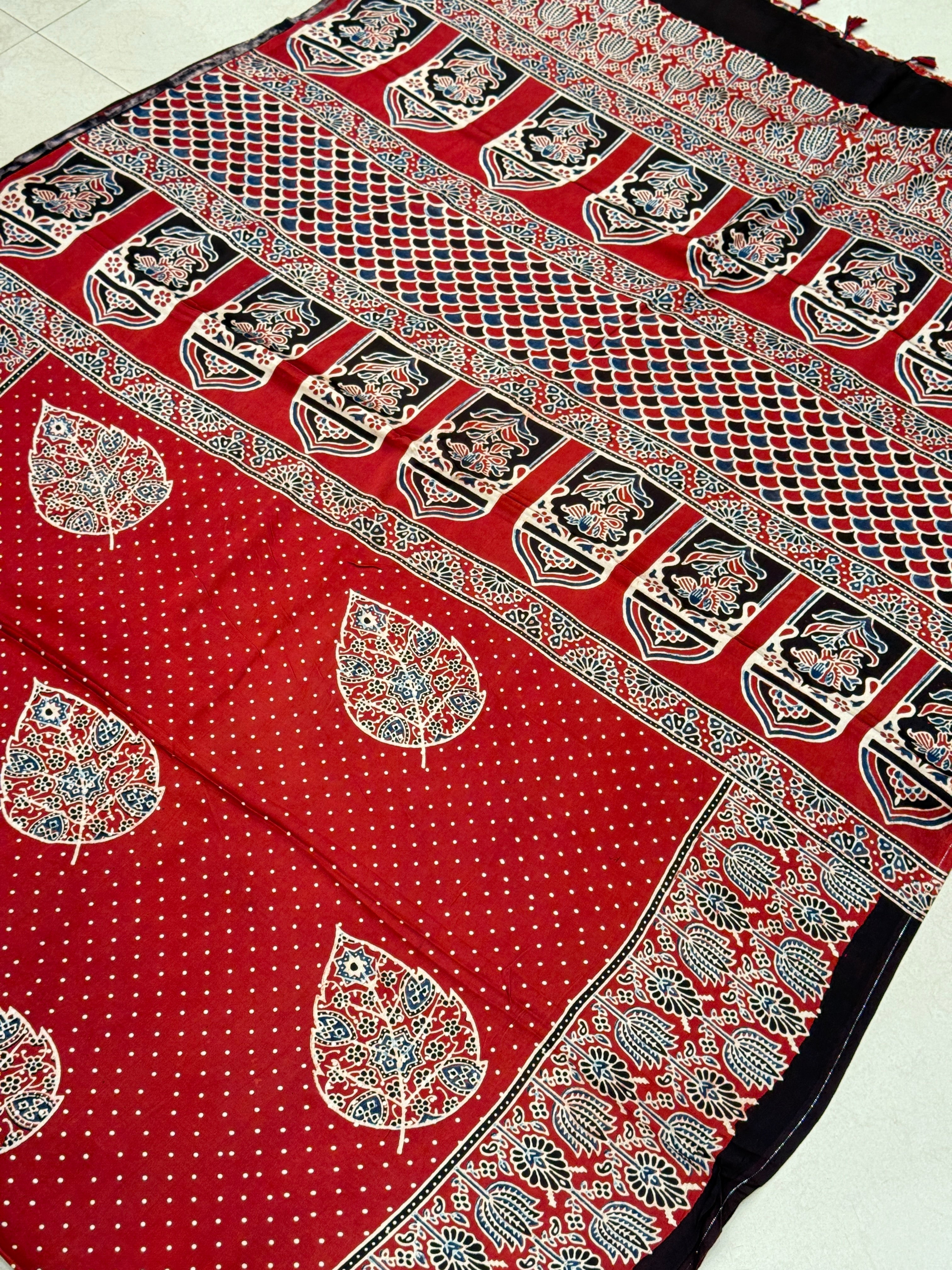 Red Butti Leaf Modal Gajji Silk Handblock Print Ajrakh Saree