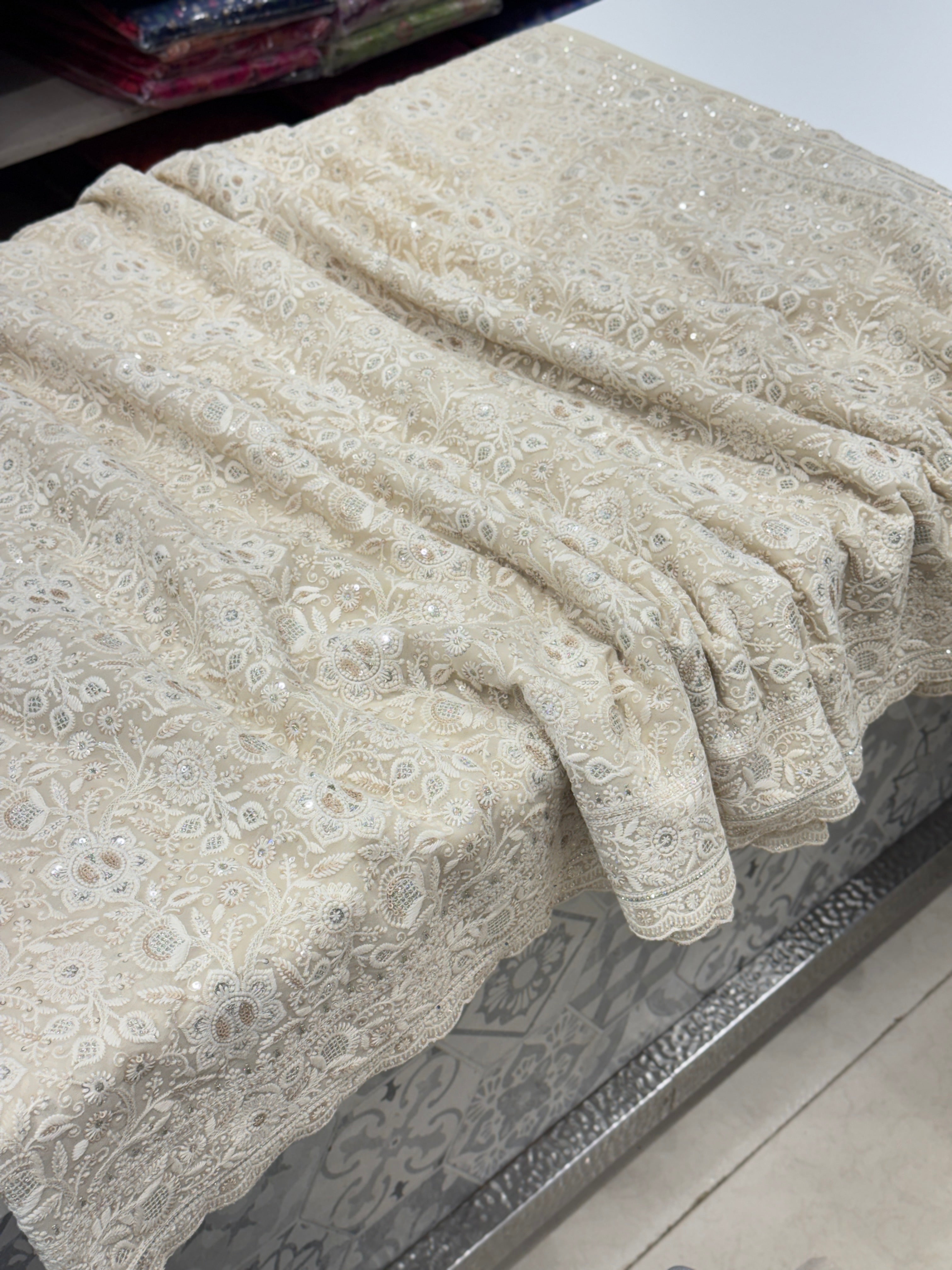 Moti White Chikankari Small Scallop Design Saree