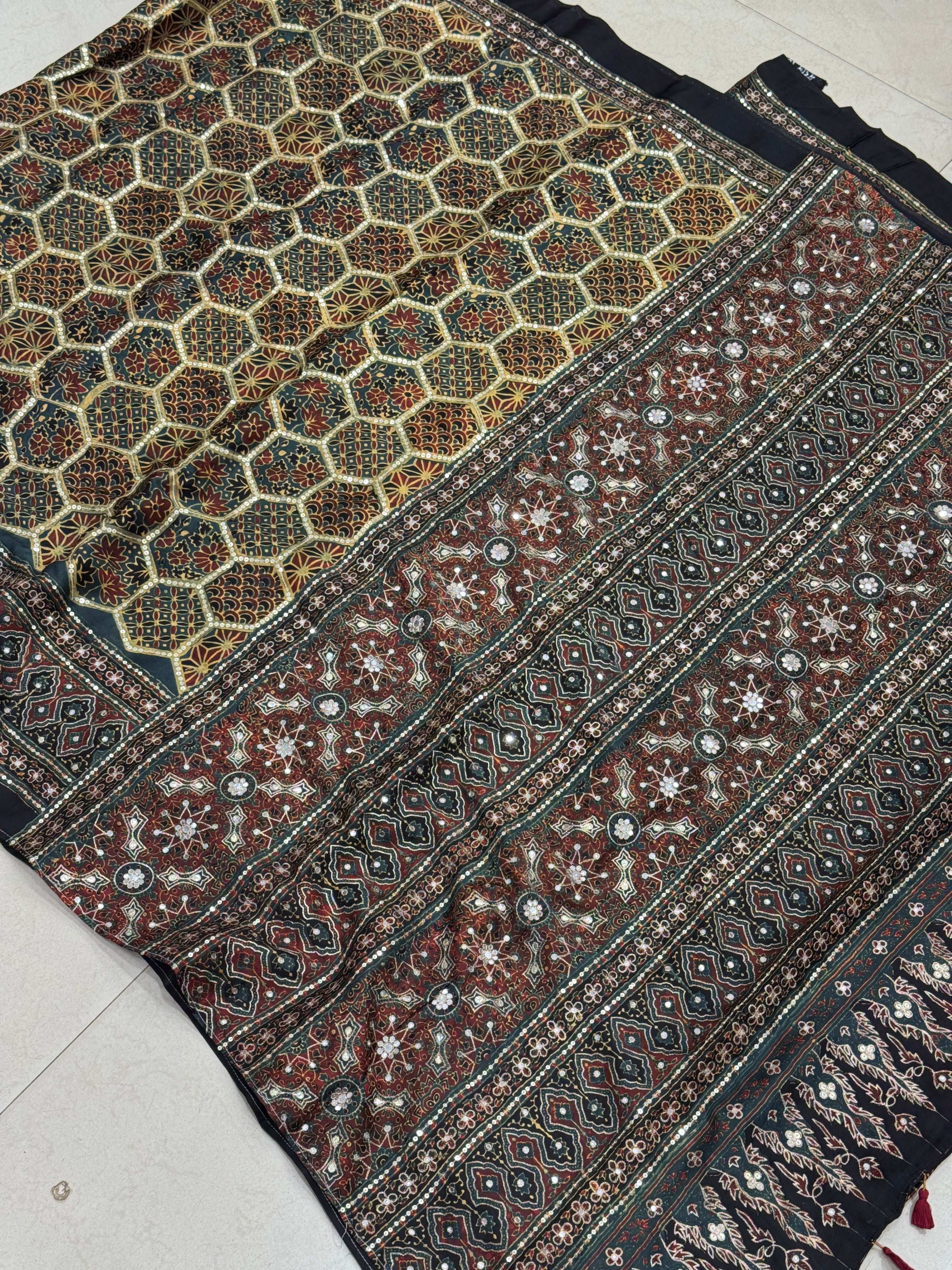 Mustard Rama Jaal Abstract Pita Sequin Ajrakh Hand Embroidery Saree