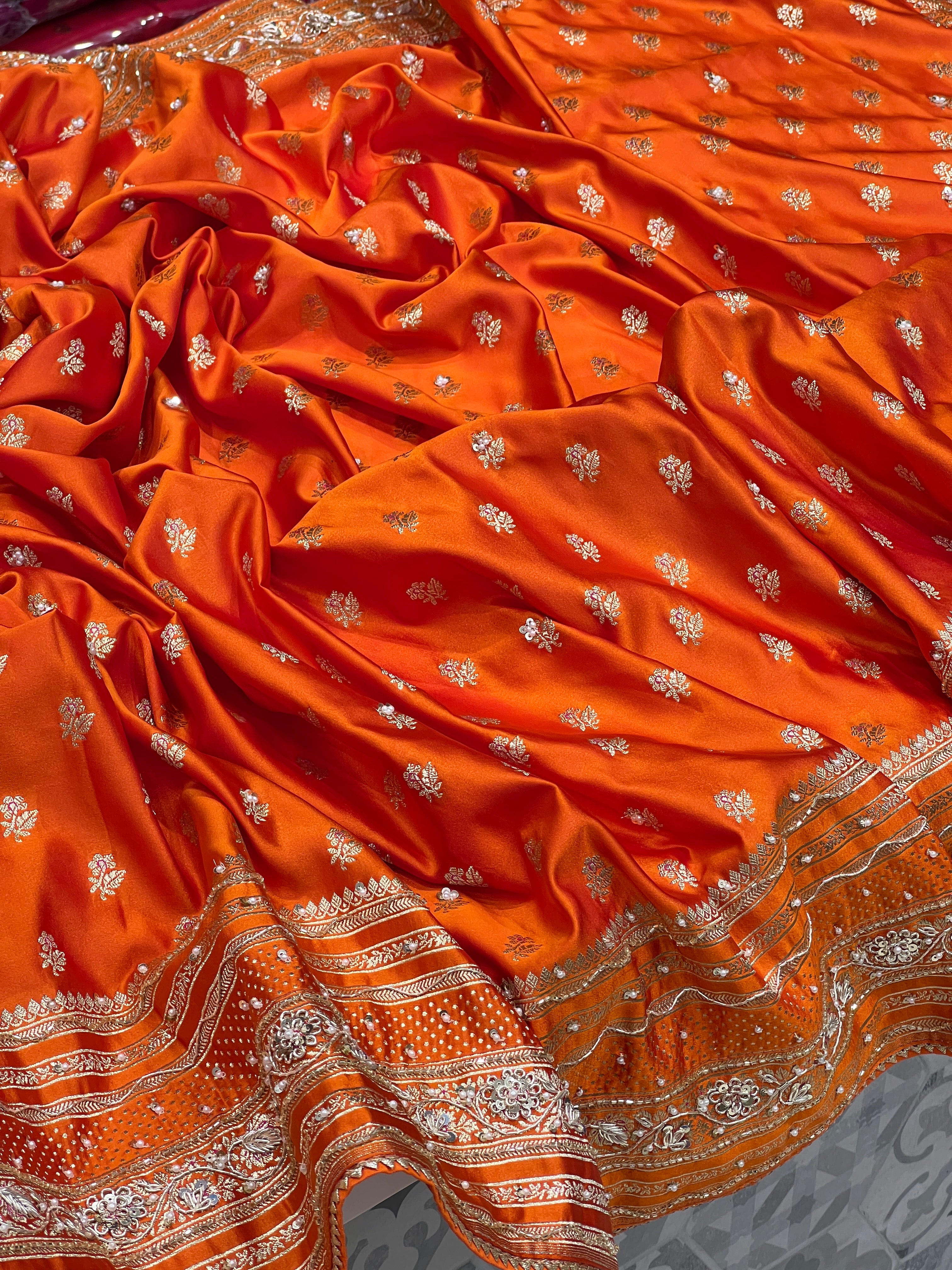 Orange Banarasi Silk Hand Embroidery Saree