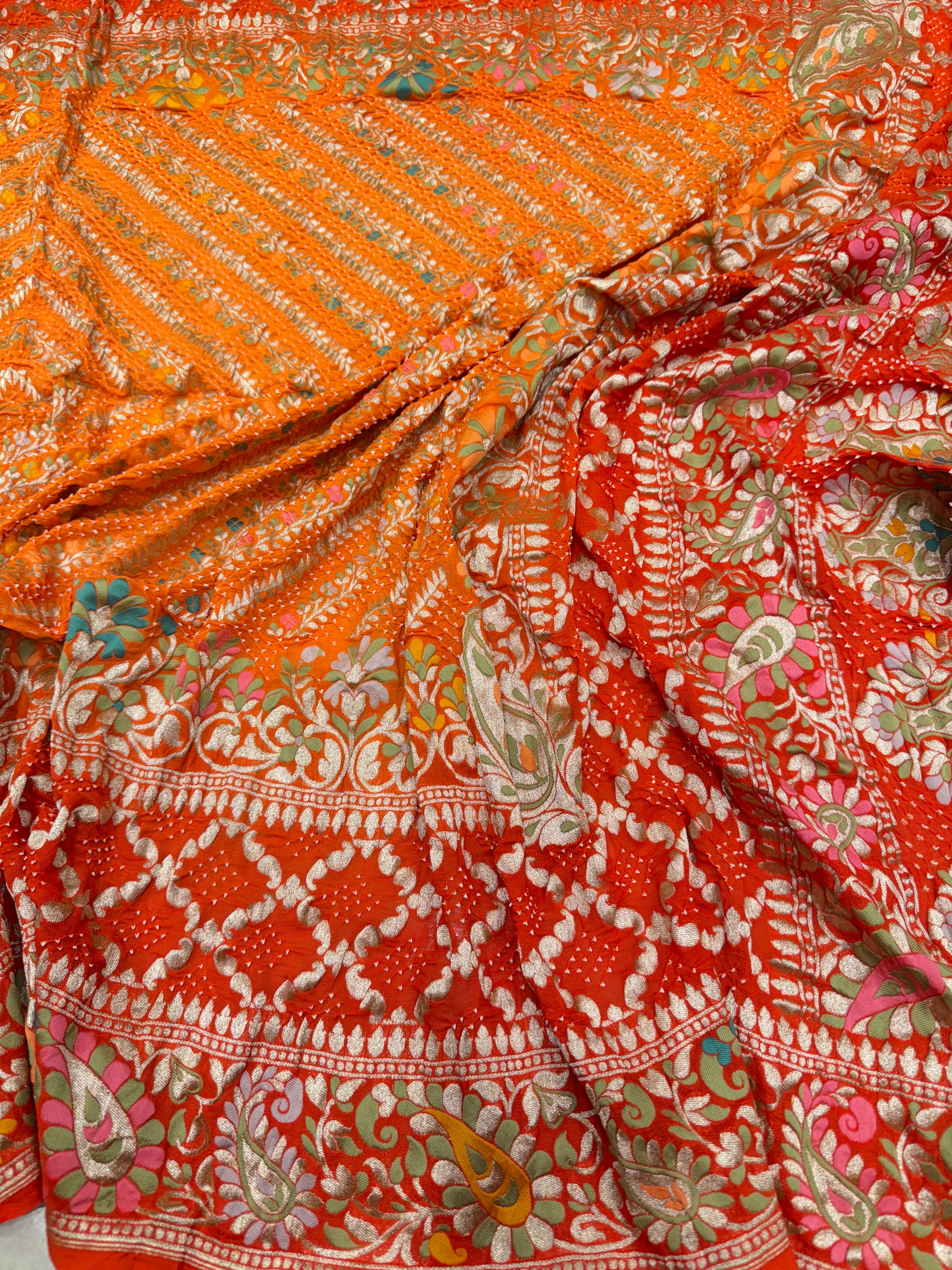 Shaded Orange Jaal Handloom Meenakari Rai Bandhej Pure Zari Dupatta