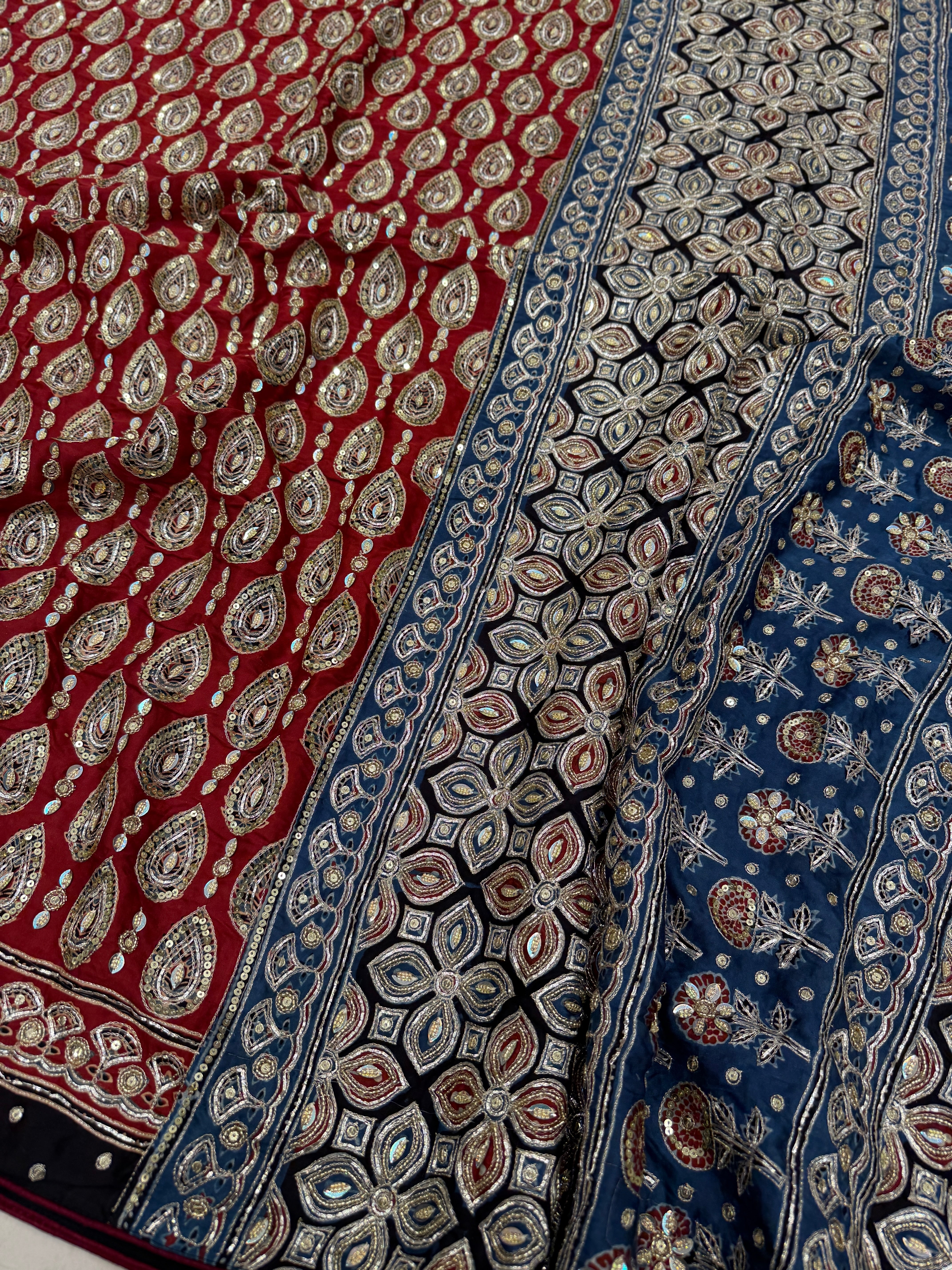 Red Keri Buttas Pita Zardosi Sequin Ajrakh Hand Embroidery Saree