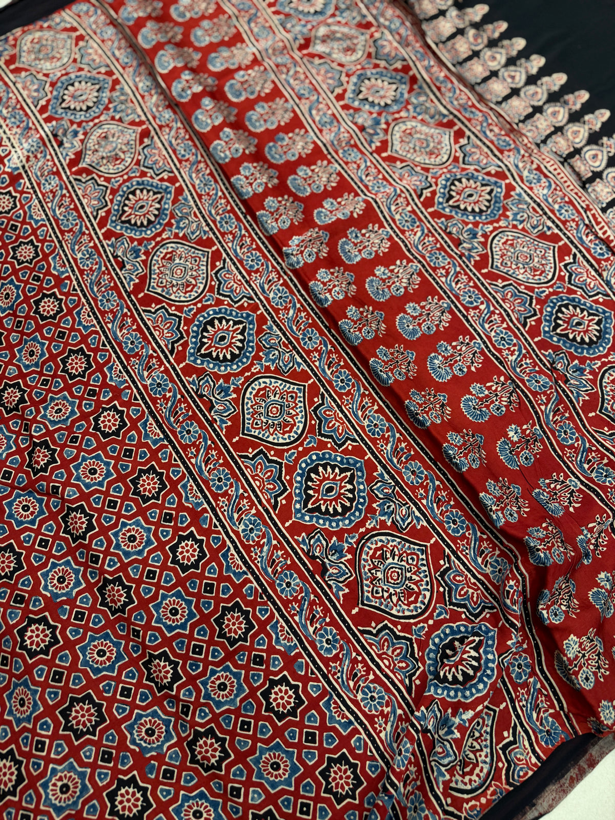 Red Manek Jaal Ajrakh Hand Block Print Pure Gajji Silk Saree