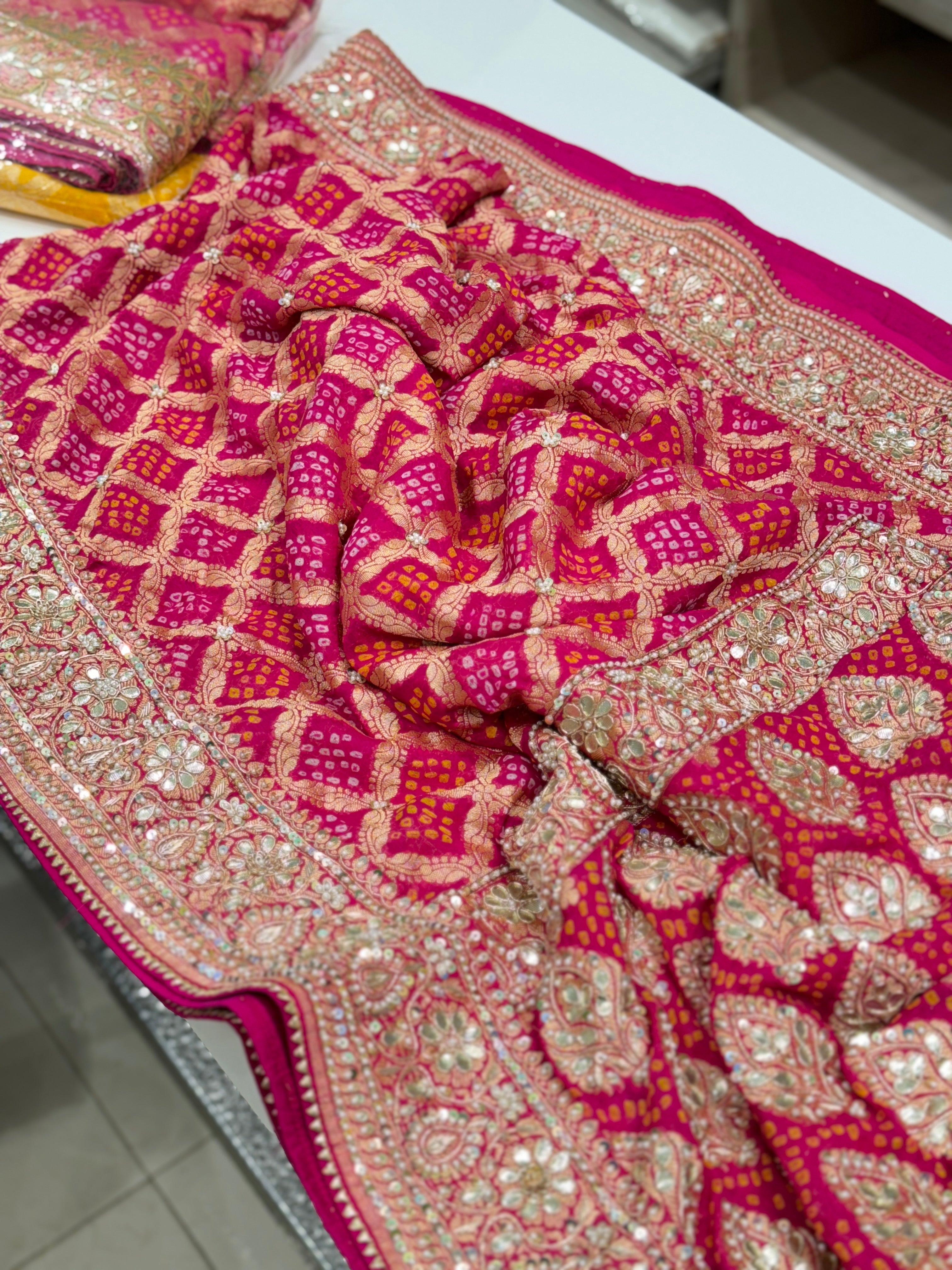 Rani Bandhej Zardosi Hand Embroidery Saree