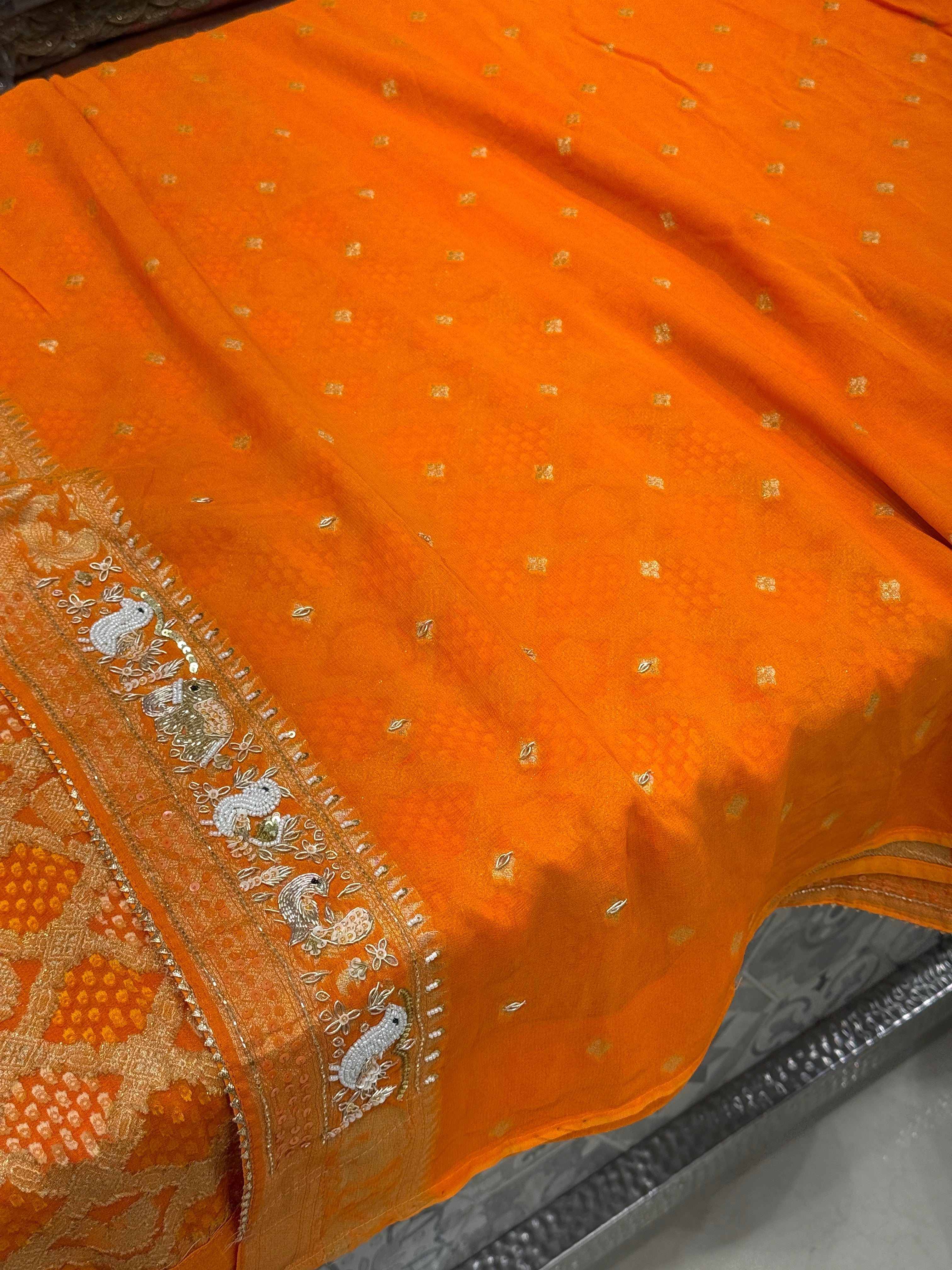 Orange Woven Bandhej Georgette Hand Embroidery Saree