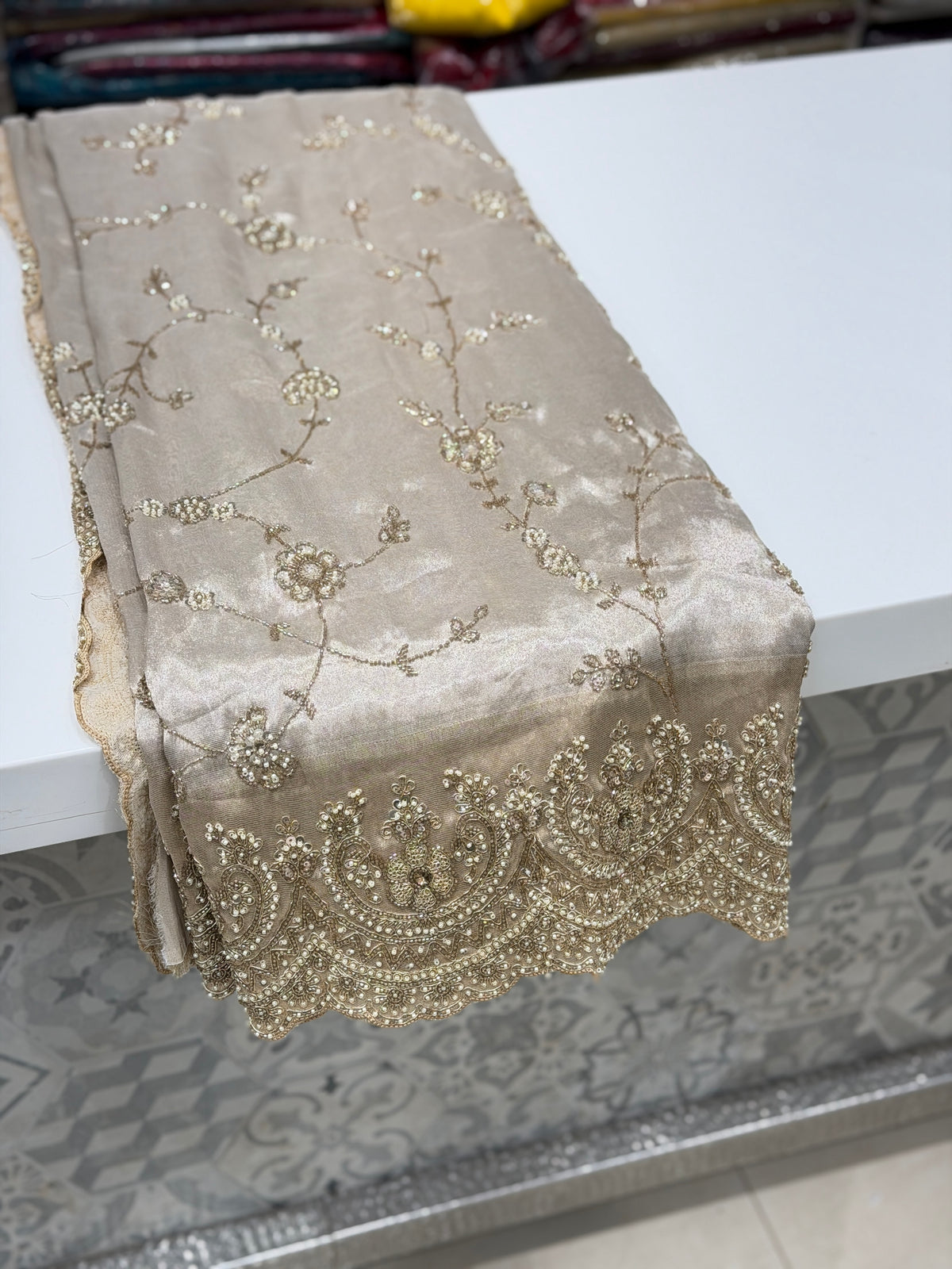 Silver Crepe Tissue Zari Moti Embroidery Jaal Saree