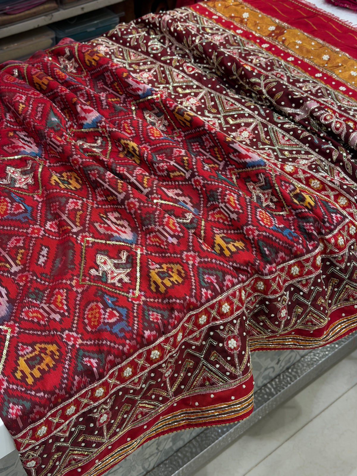 Red Handloom Patan Patola Hand Embroidery Pita Zardosi Saree