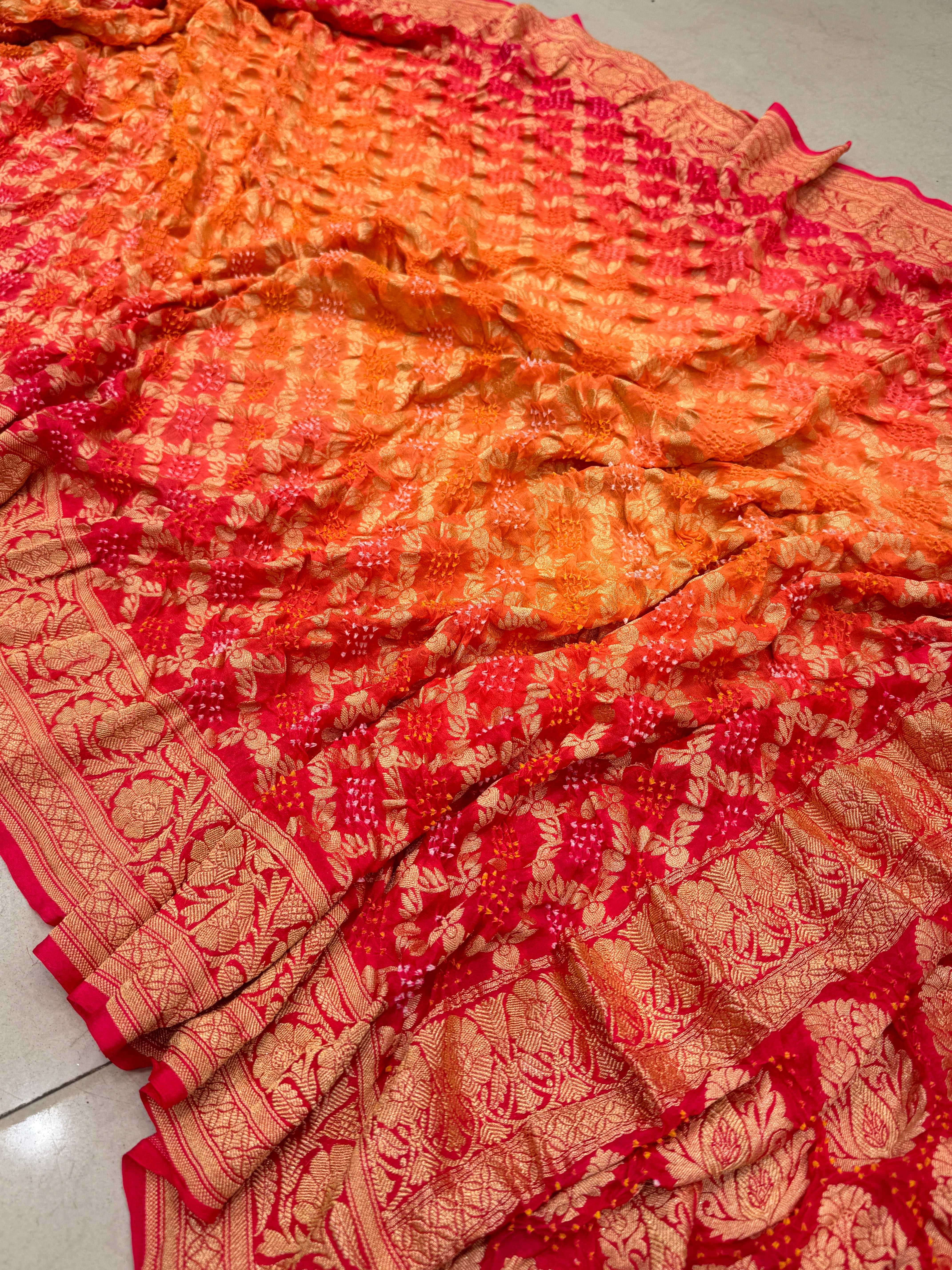 Strawberry Orange Shaded Bandhej Bandhini Saree