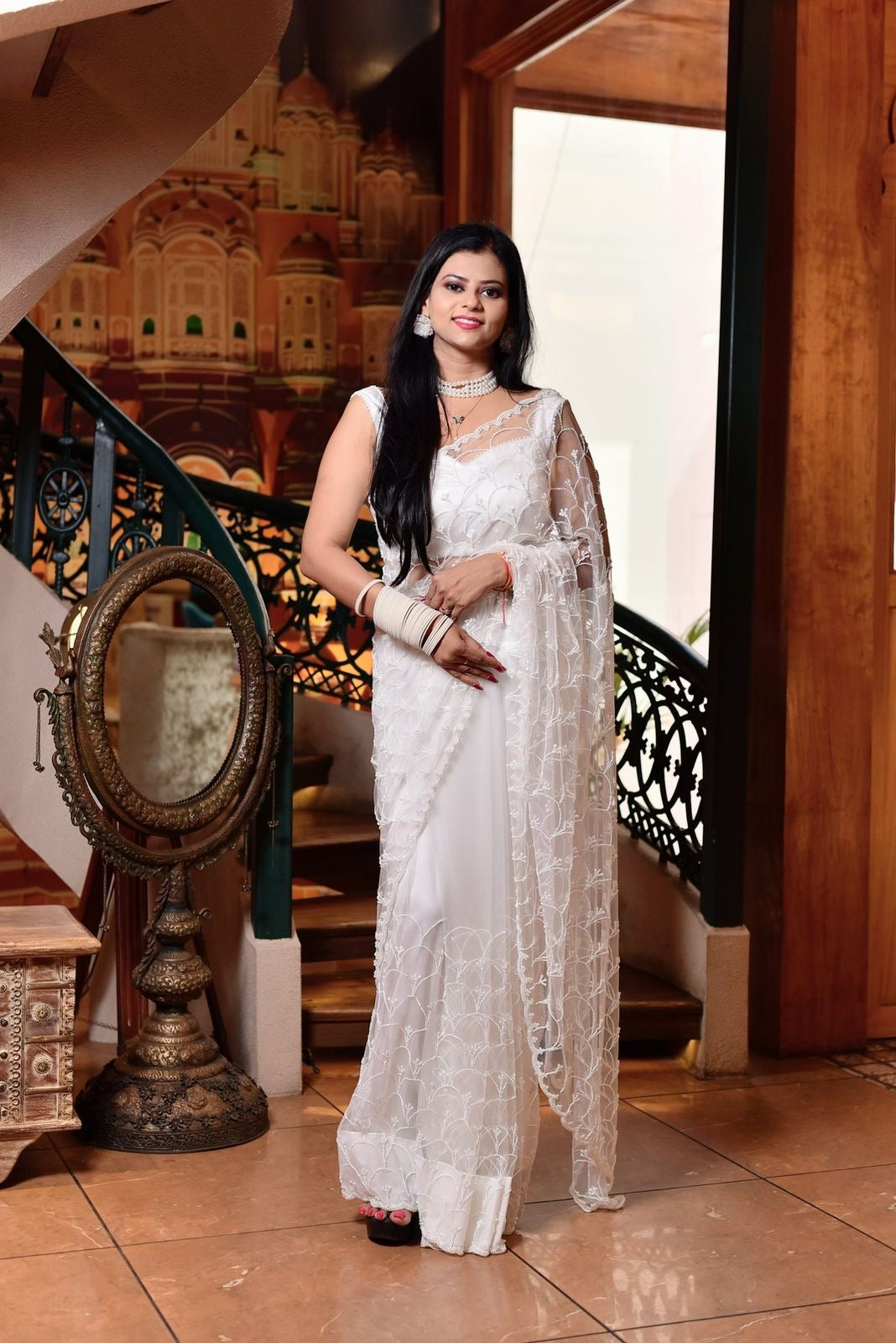 White Organza Scale Pattern Hand Embroidery Saree
