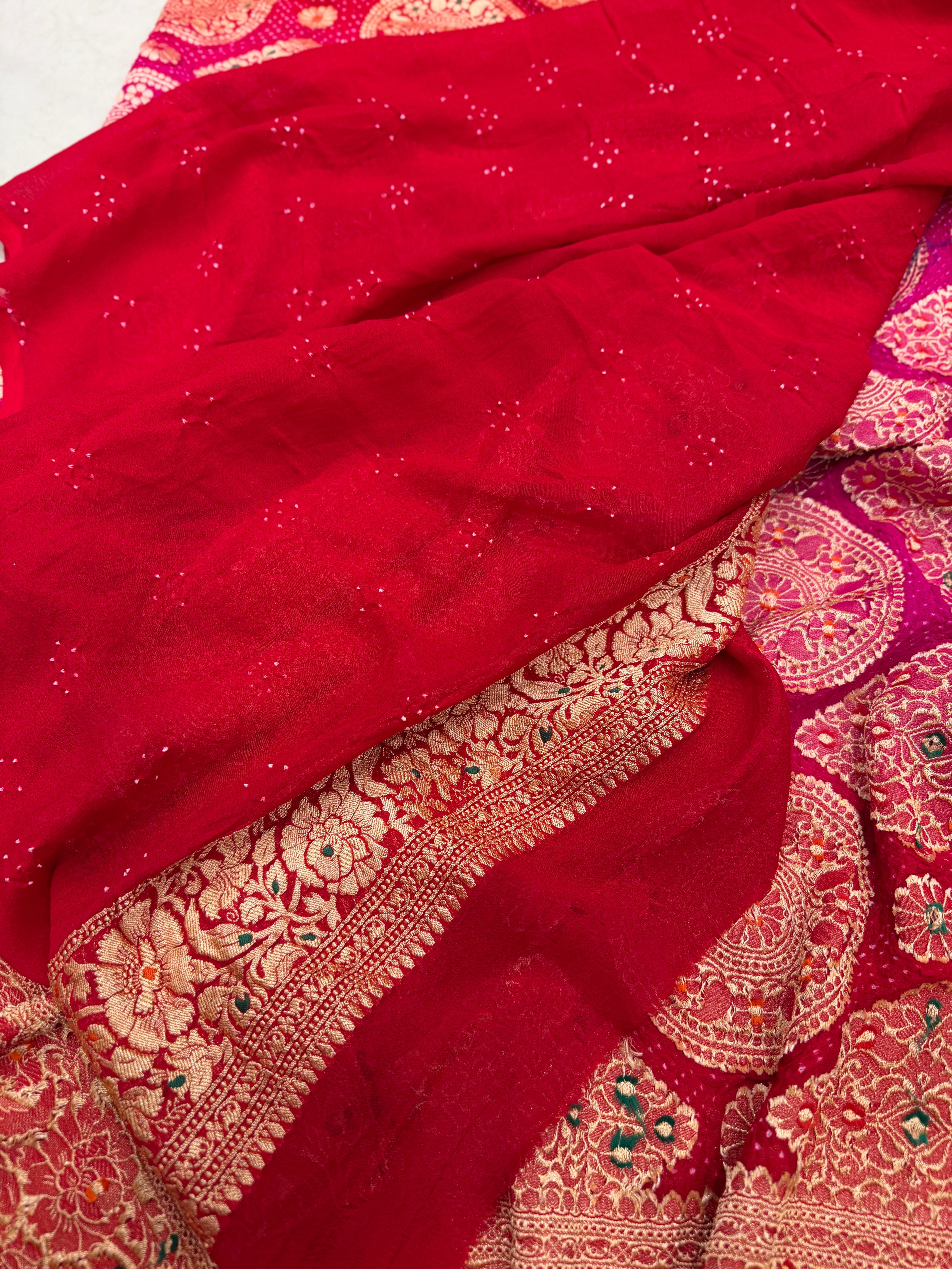 Shaded Rani Red Meenakari Pure Handloom Rai Bandhej Saree