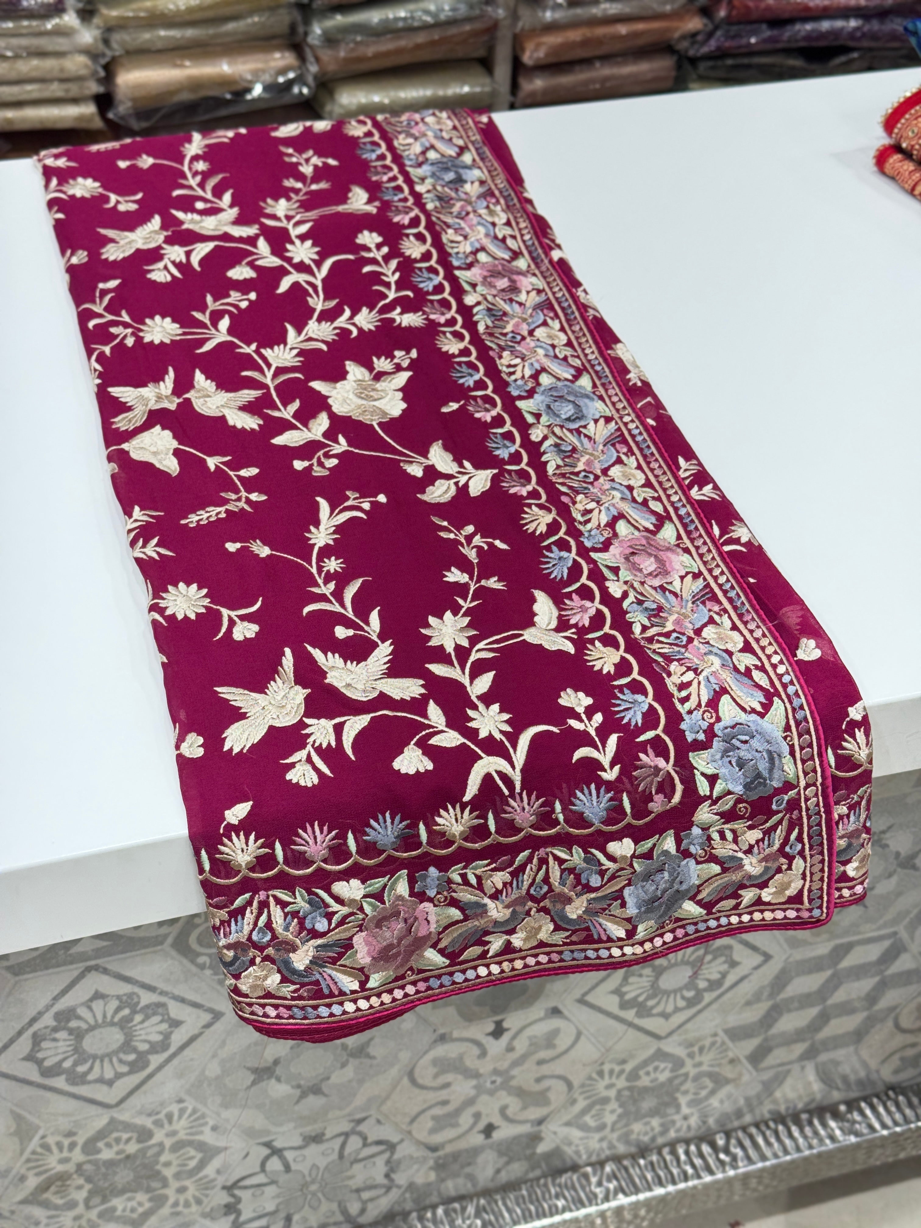 Cross Wine Persian Jaal Loving Birds Parsi Gara Saree