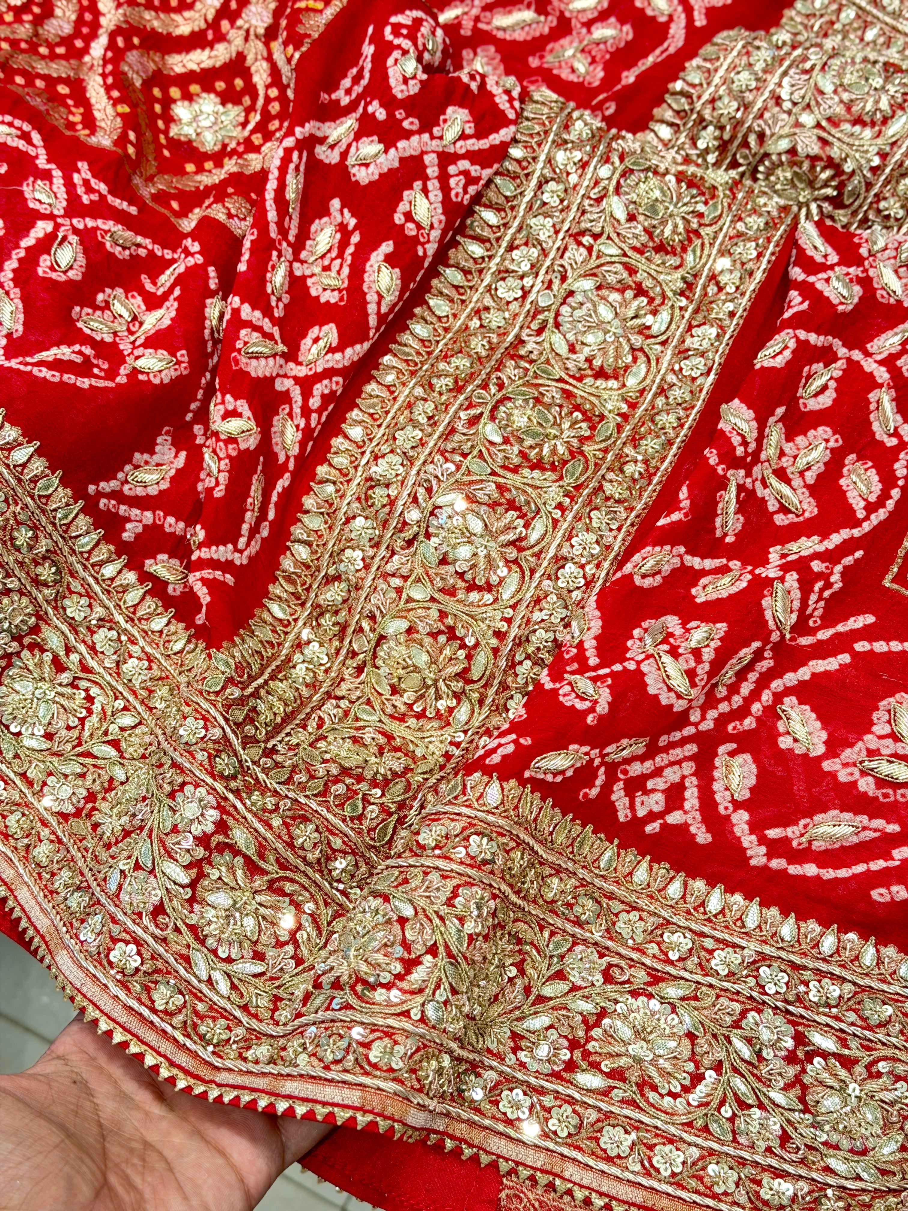 Red Bandhej Georgette Marodi Zardosi Gota Hand Embroidery Saree
