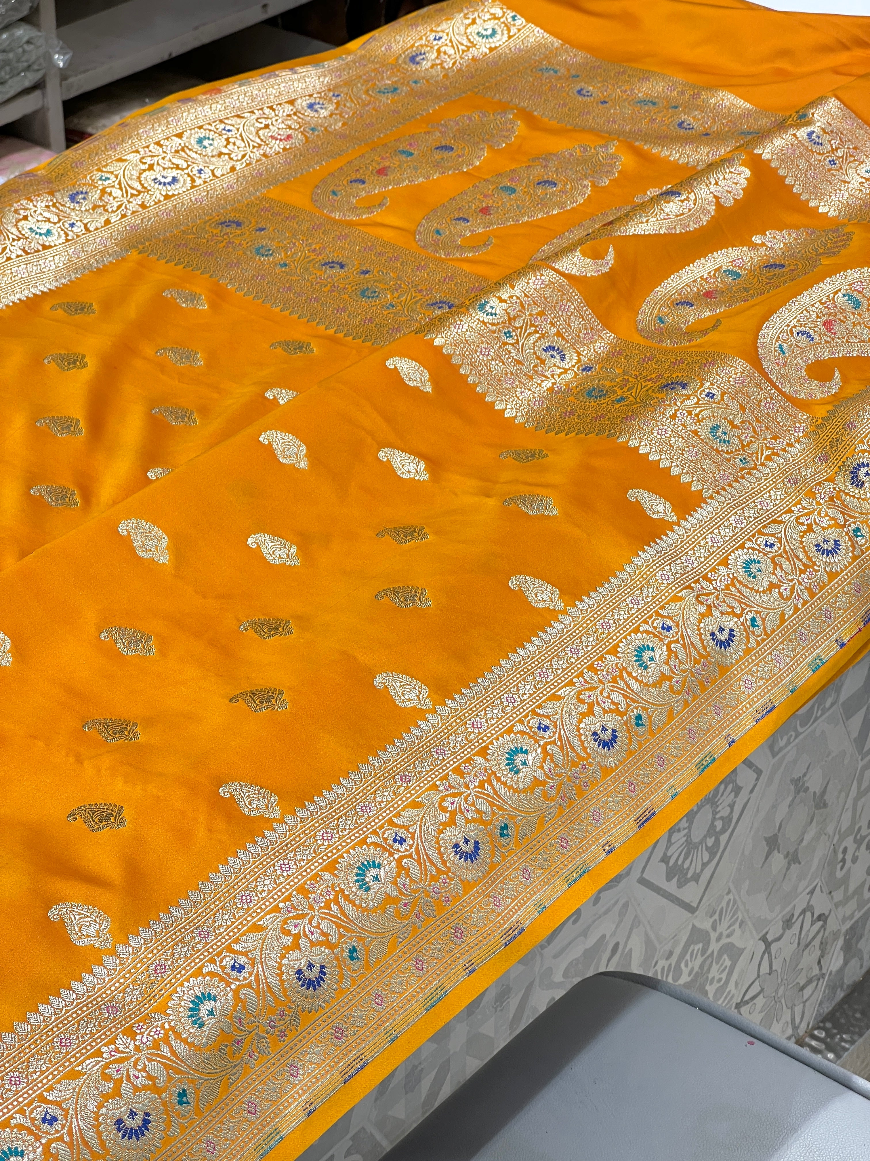 Mango Yellow Banarasi Meenakari Saree